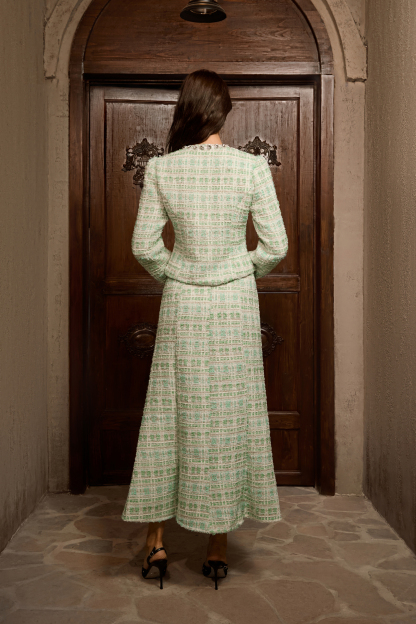 Power In Poise Mint Green Tweed Crystal Trim Top & Skirt Set