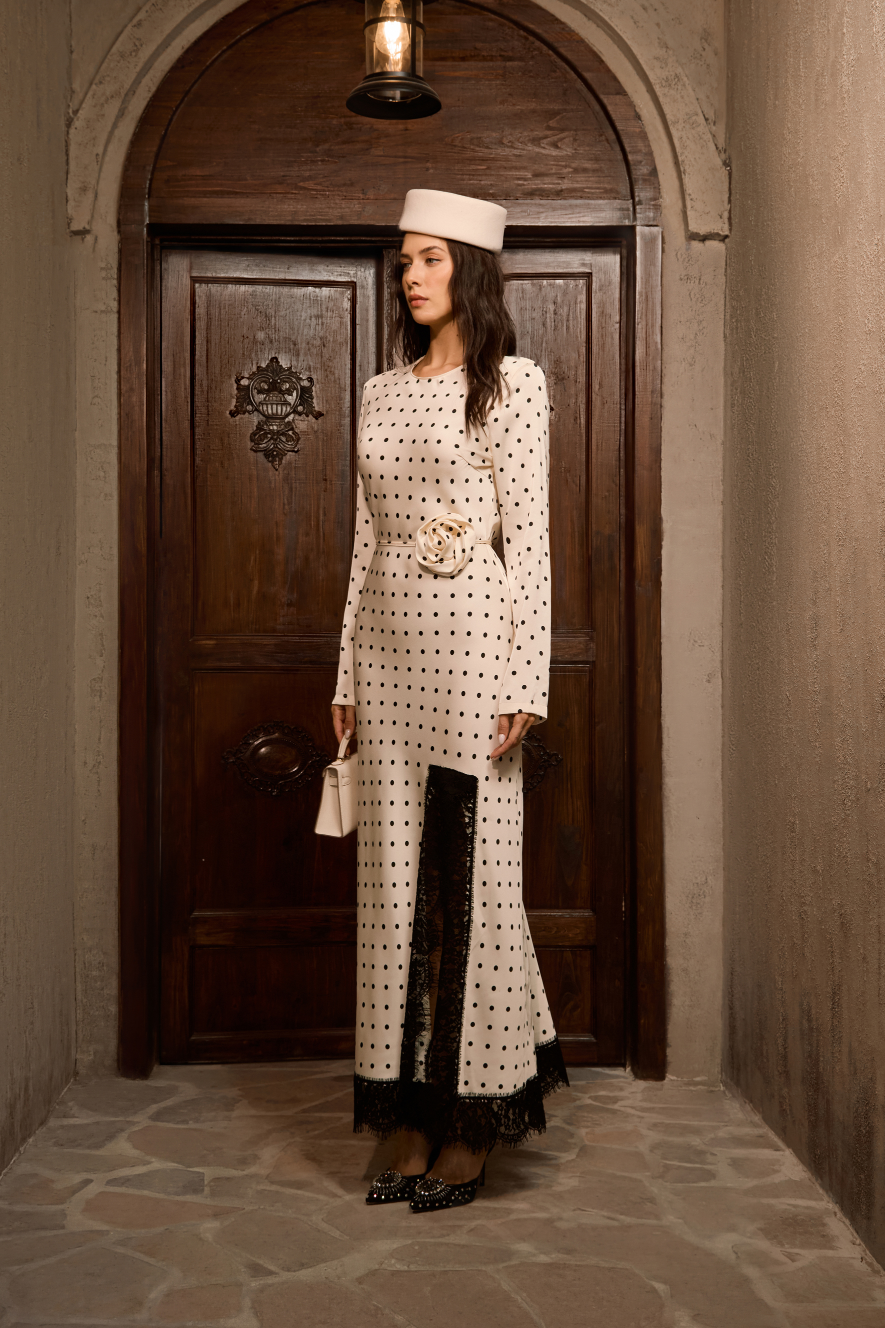 Hot Right Now Beige Polka Dot Lace Slit Maxi Dress