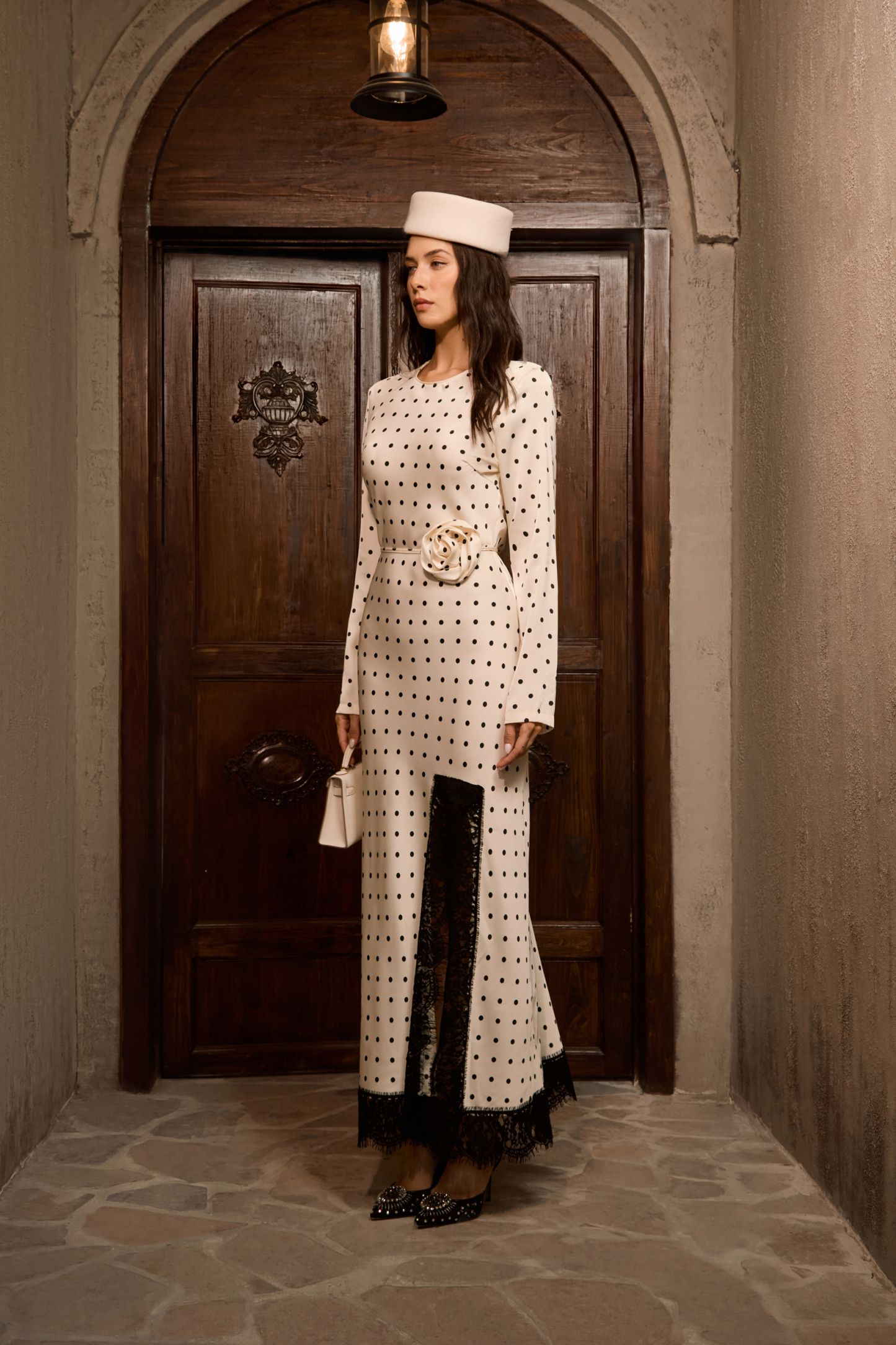 Hot Right Now Beige Polka Dot Lace Slit Maxi Dress