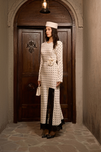 Hot Right Now Beige Polka Dot Lace Slit Maxi Dress