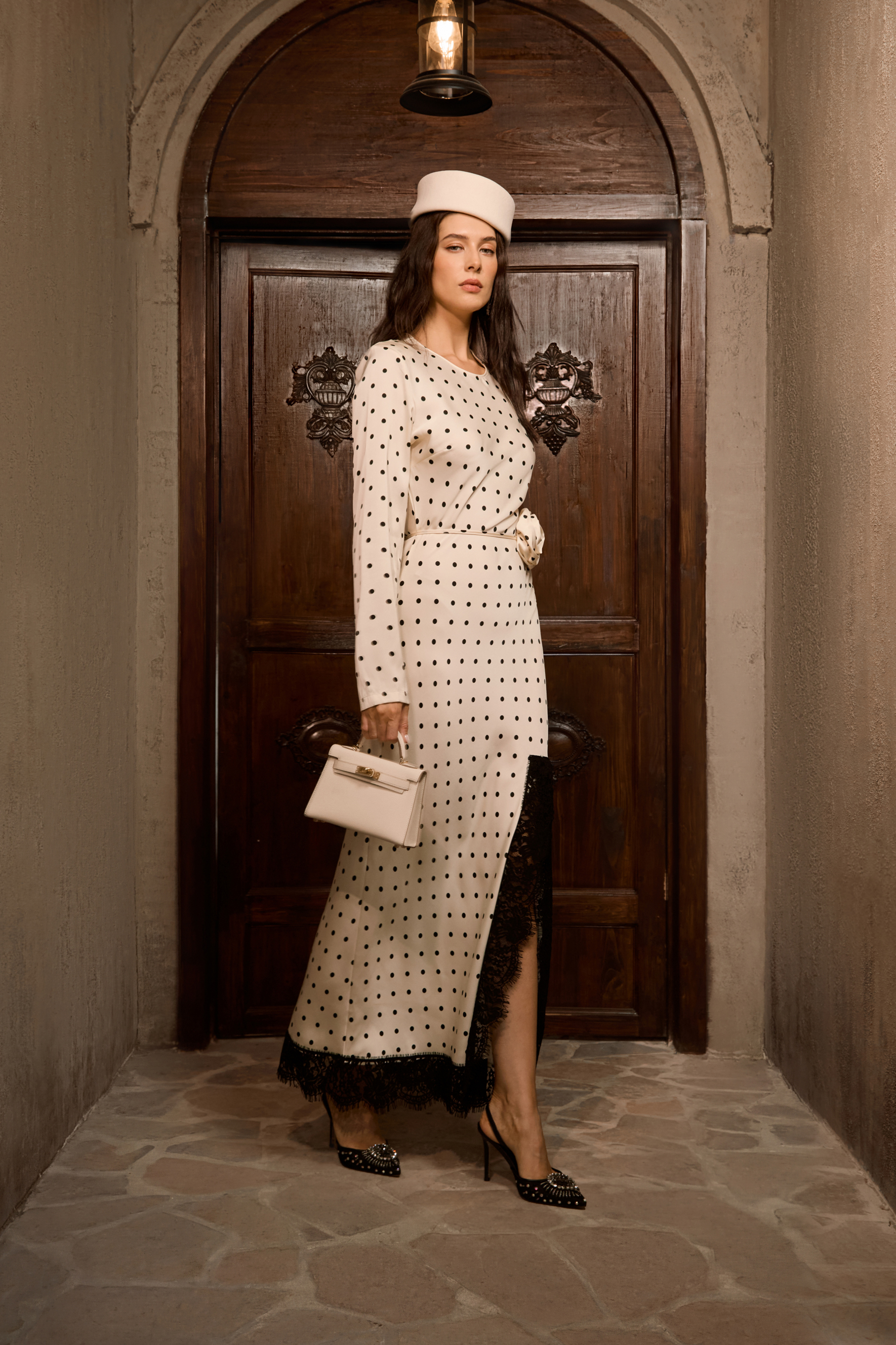 Hot Right Now Beige Polka Dot Lace Slit Maxi Dress