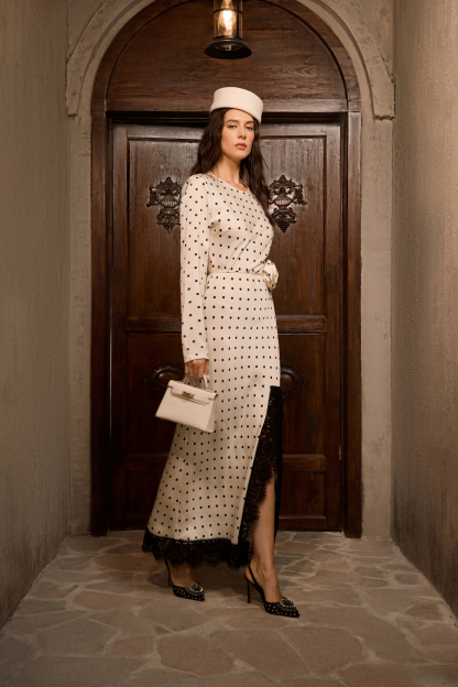 Hot Right Now Beige Polka Dot Lace Slit Maxi Dress