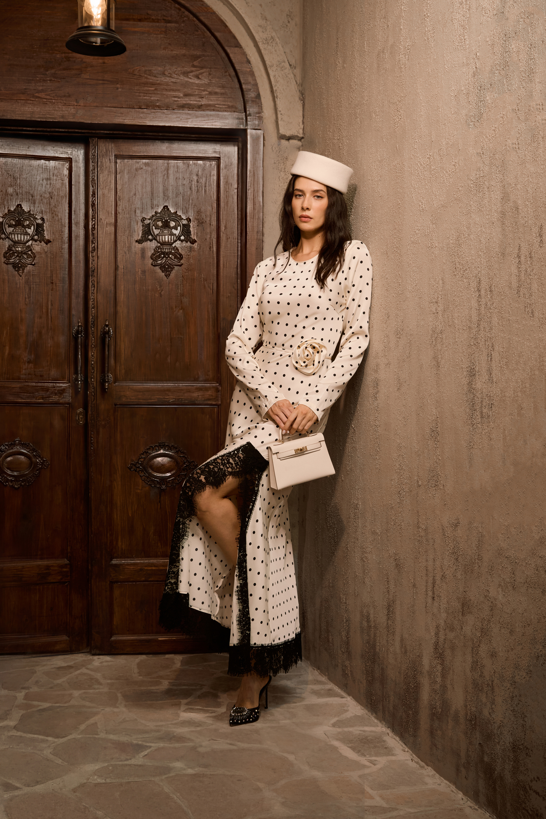 Hot Right Now Beige Polka Dot Lace Slit Maxi Dress