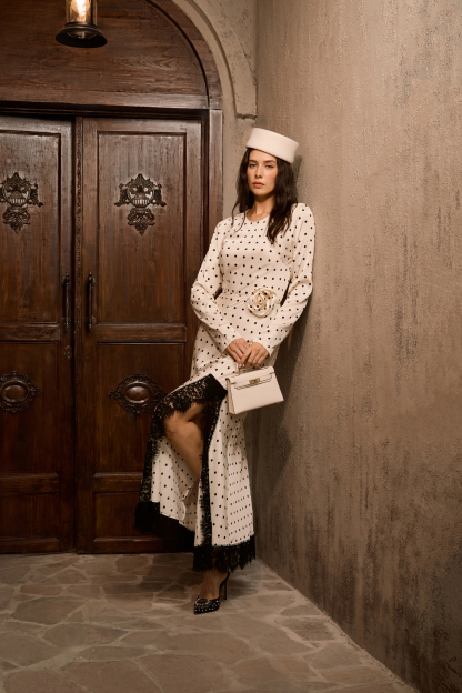 Hot Right Now Beige Polka Dot Lace Slit Maxi Dress