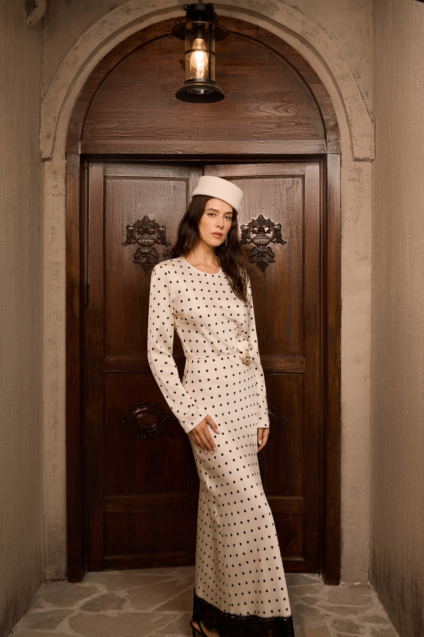 Hot Right Now Beige Polka Dot Lace Slit Maxi Dress