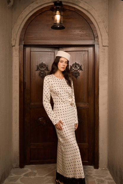 Hot Right Now Beige Polka Dot Lace Slit Maxi Dress