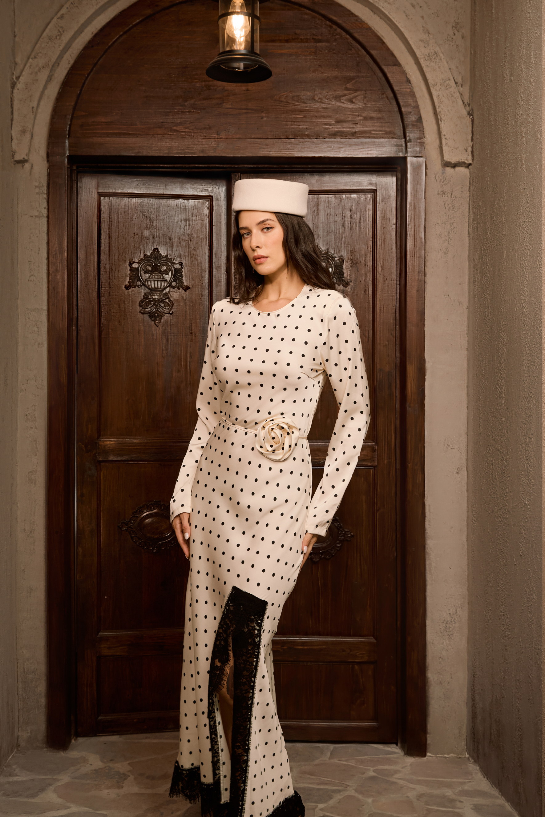 Hot Right Now Beige Polka Dot Lace Slit Maxi Dress