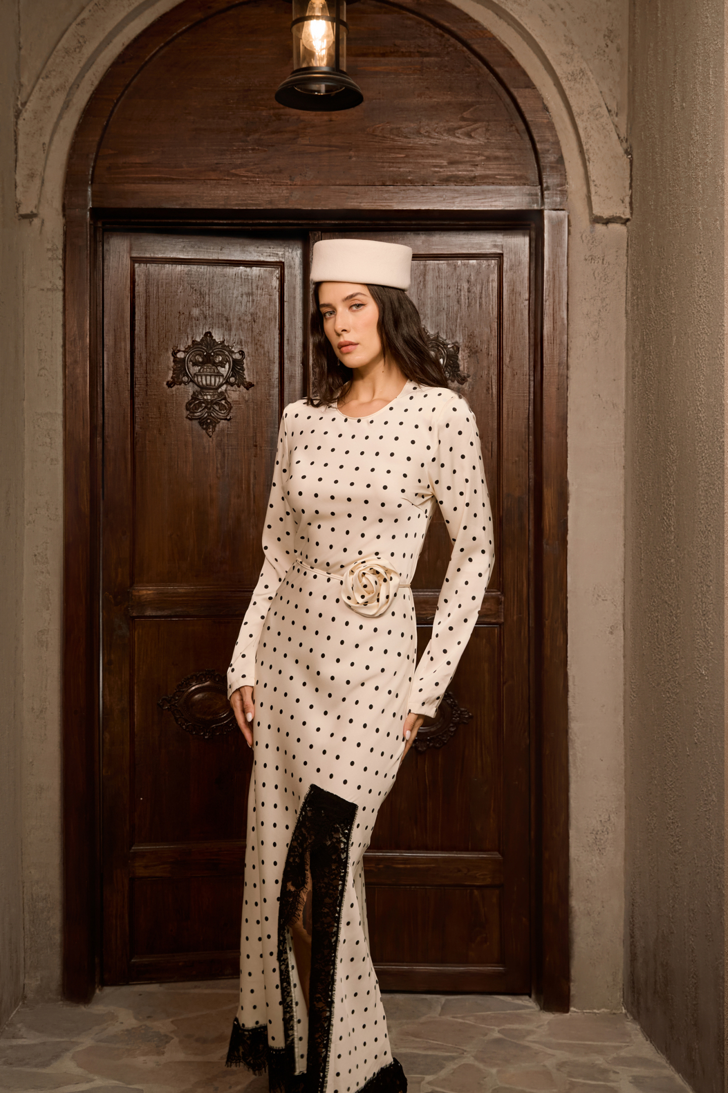 Hot Right Now Beige Polka Dot Lace Slit Maxi Dress