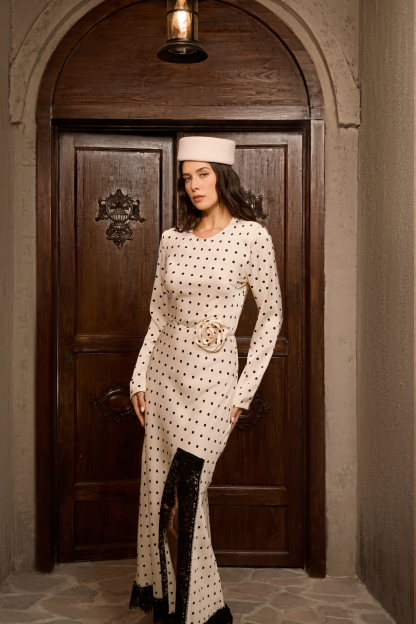 Hot Right Now Beige Polka Dot Lace Slit Maxi Dress