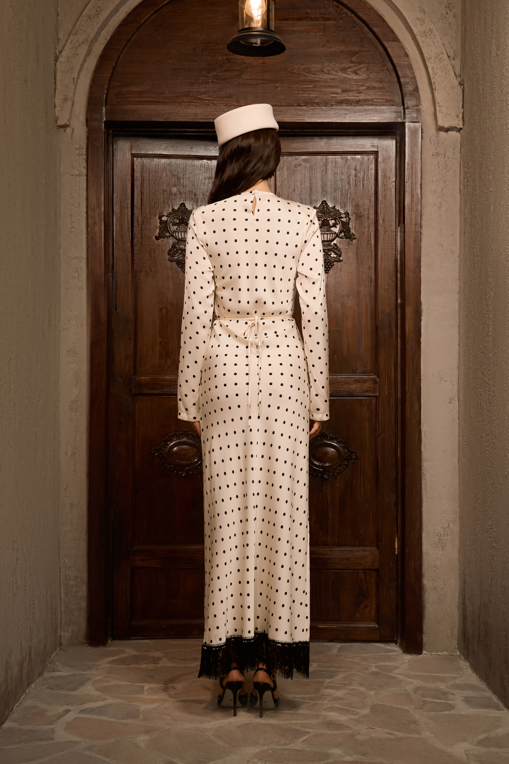 Hot Right Now Beige Polka Dot Lace Slit Maxi Dress