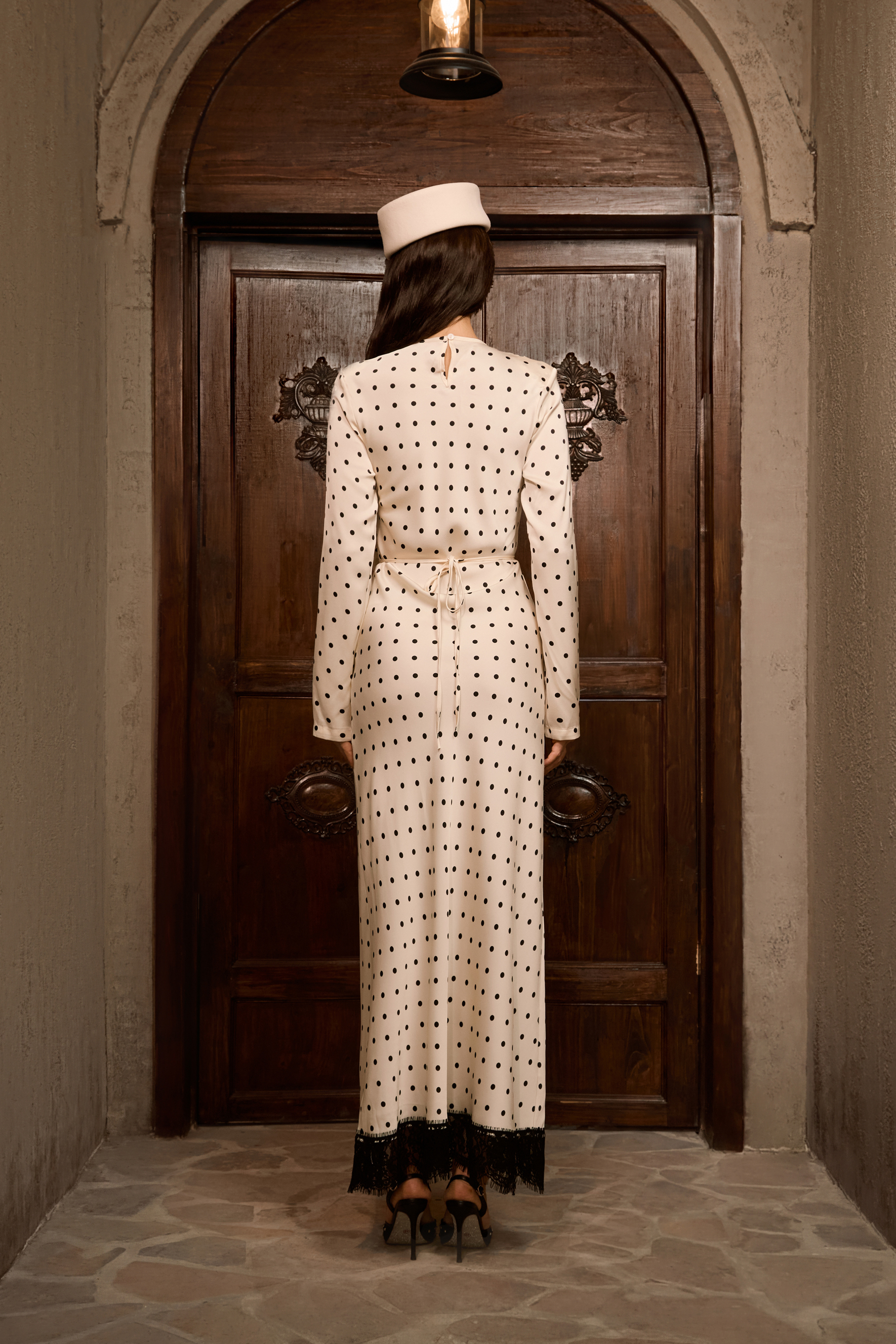 Hot Right Now Beige Polka Dot Lace Slit Maxi Dress