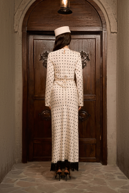 Hot Right Now Beige Polka Dot Lace Slit Maxi Dress