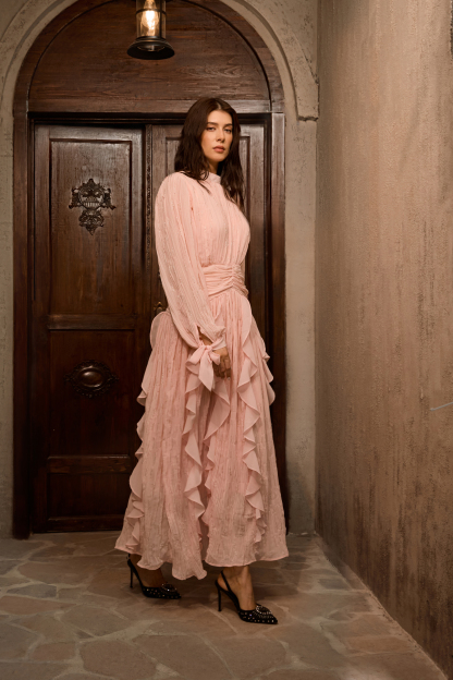 Immaculate Excellence Pink Ruffled Maxi Dress