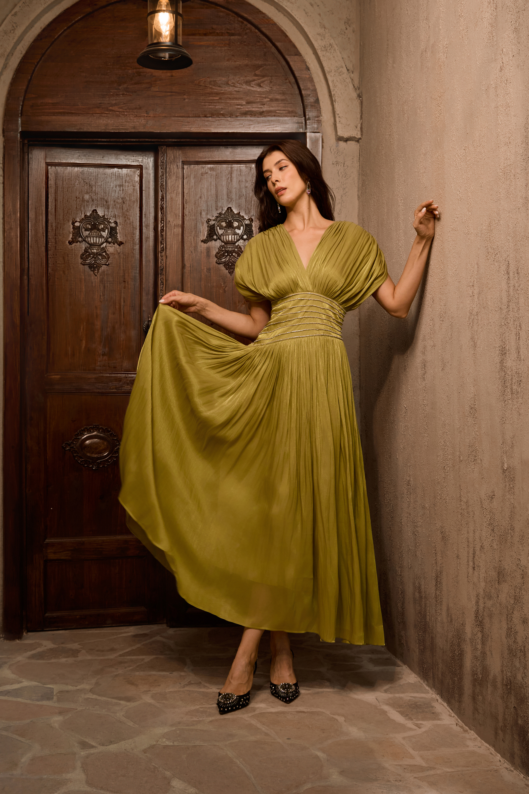 Flattering Forecast Olive V-neck Embellished Maxi Dress