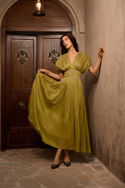 Flattering Forecast Olive V-neck Embellished Maxi Dress