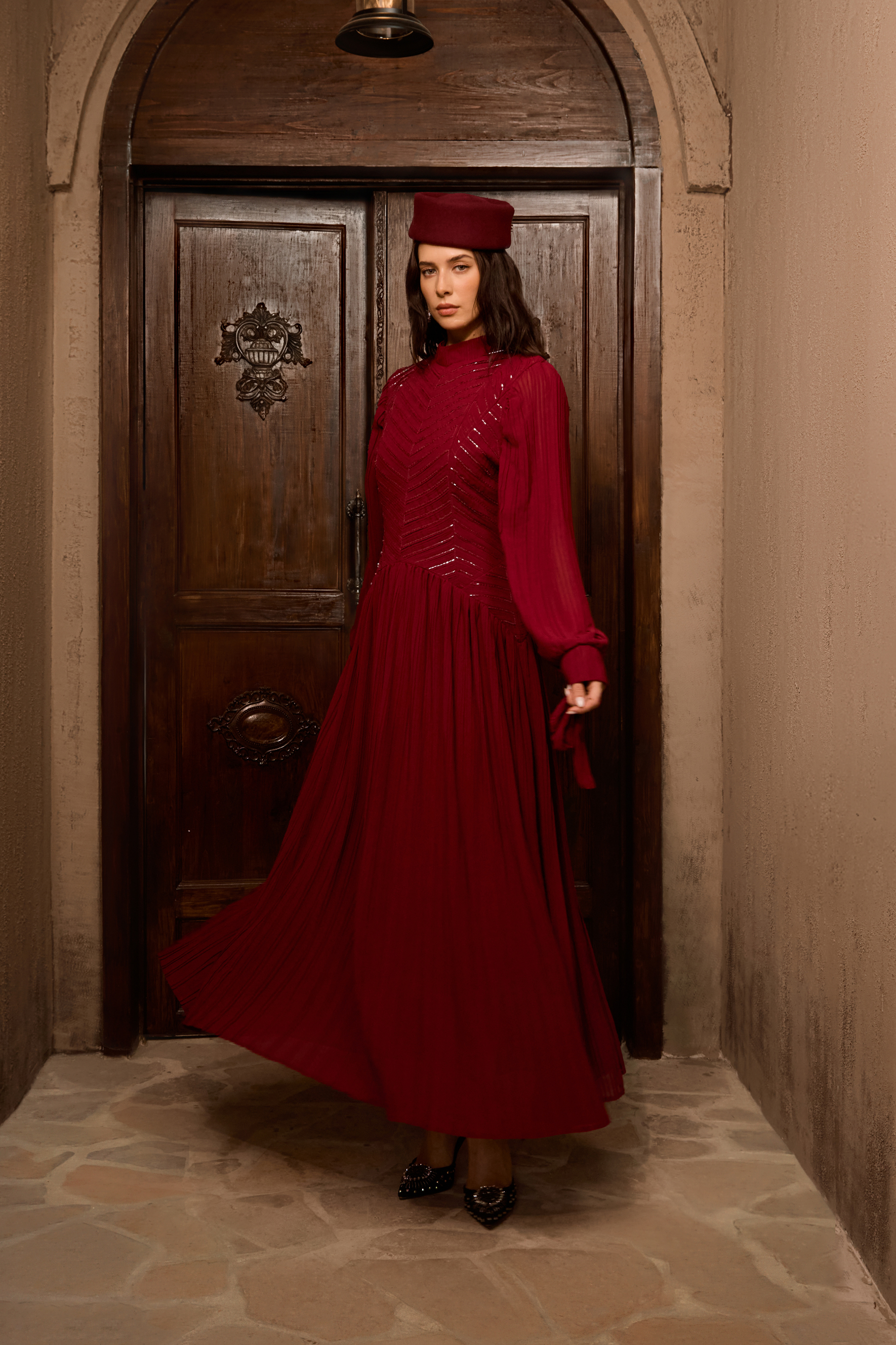 Nightfall Chic Burgundy Beaded Chevron Pleated Maxi Dress