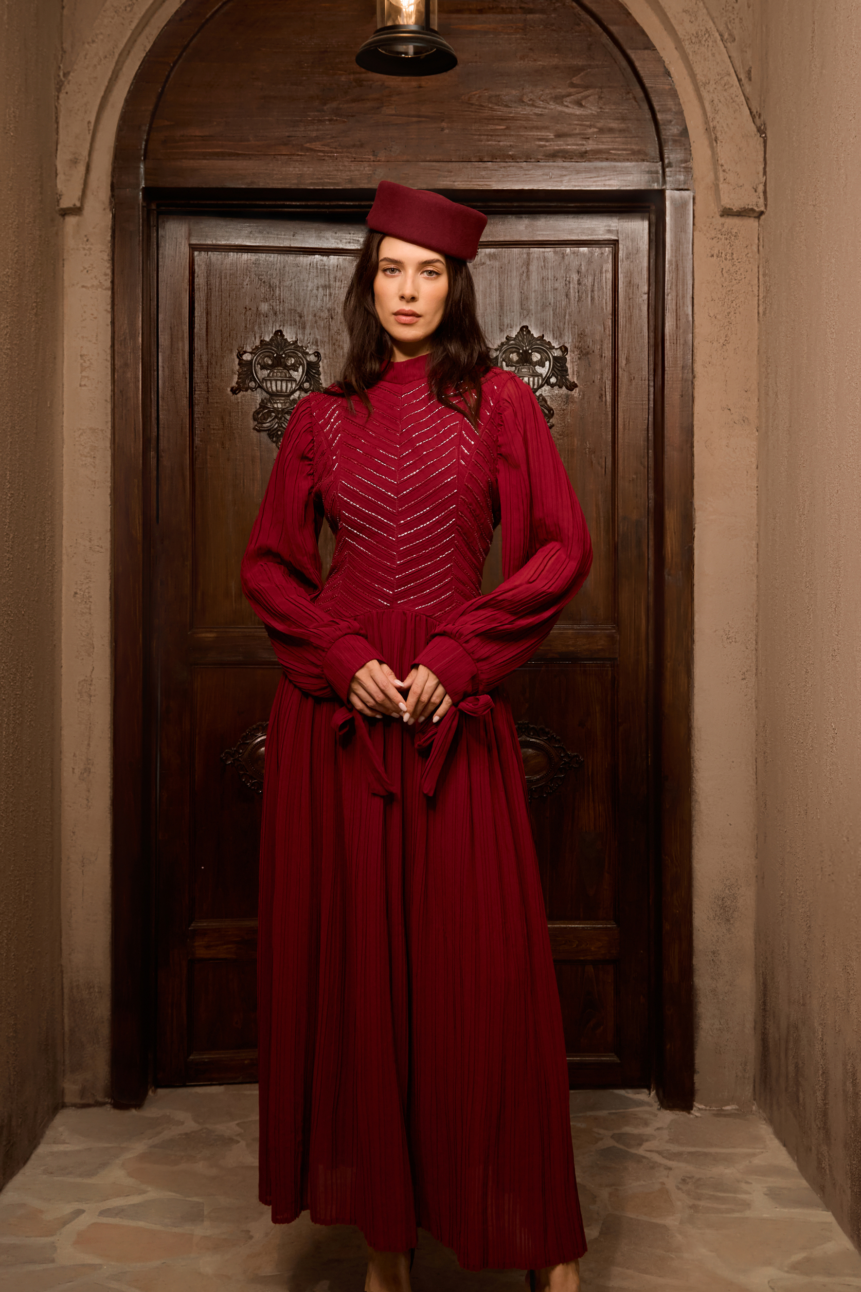 Nightfall Chic Burgundy Beaded Chevron Pleated Maxi Dress