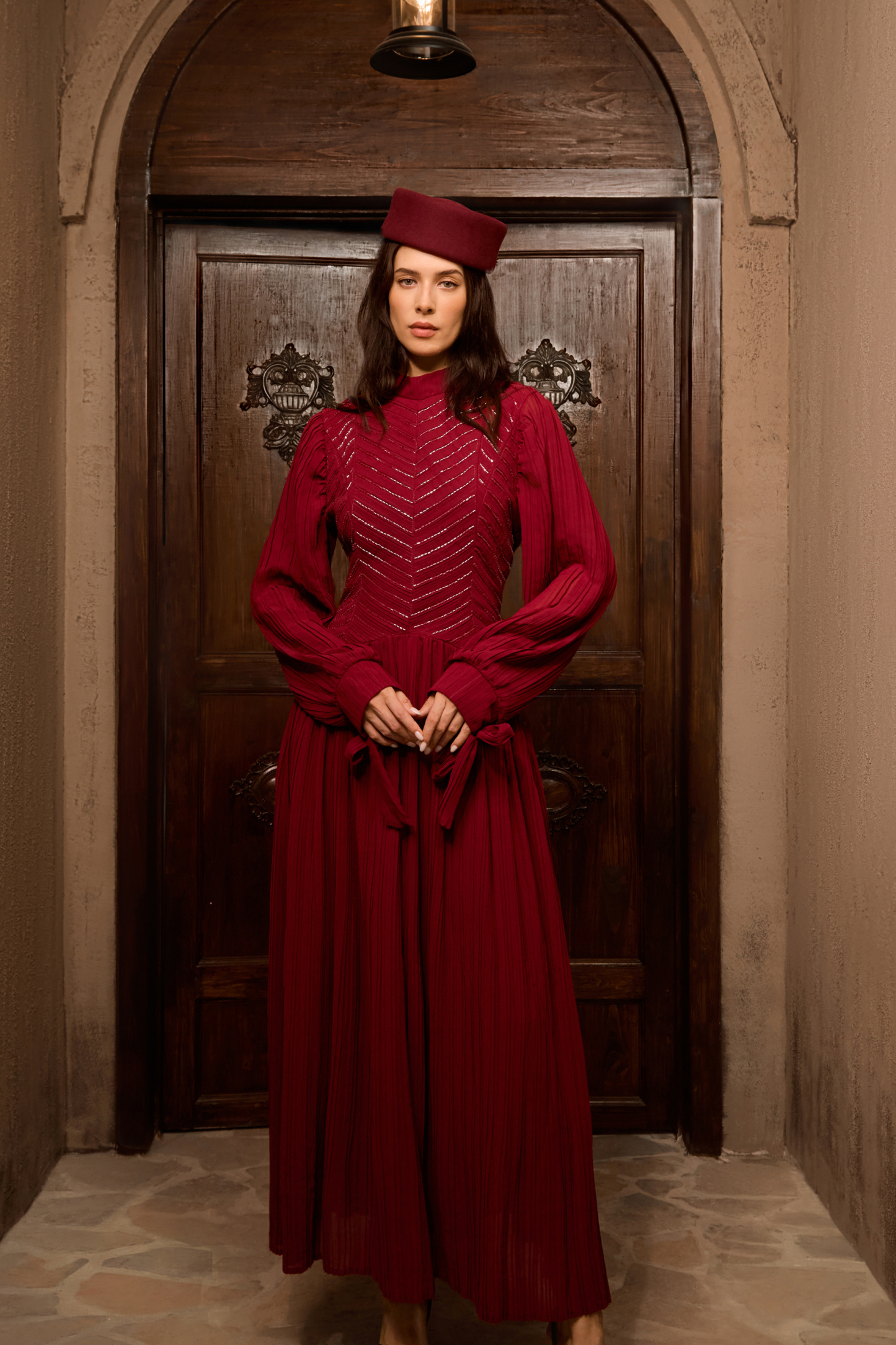 Nightfall Chic Burgundy Beaded Chevron Pleated Maxi Dress