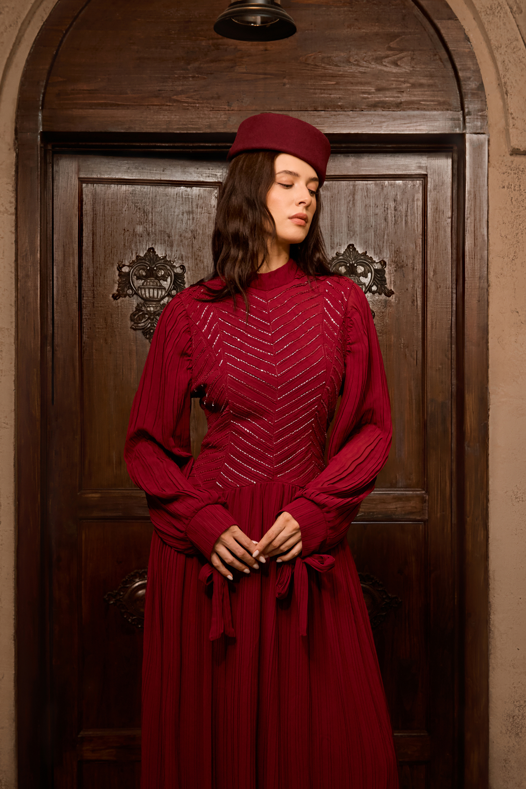 Nightfall Chic Burgundy Beaded Chevron Pleated Maxi Dress