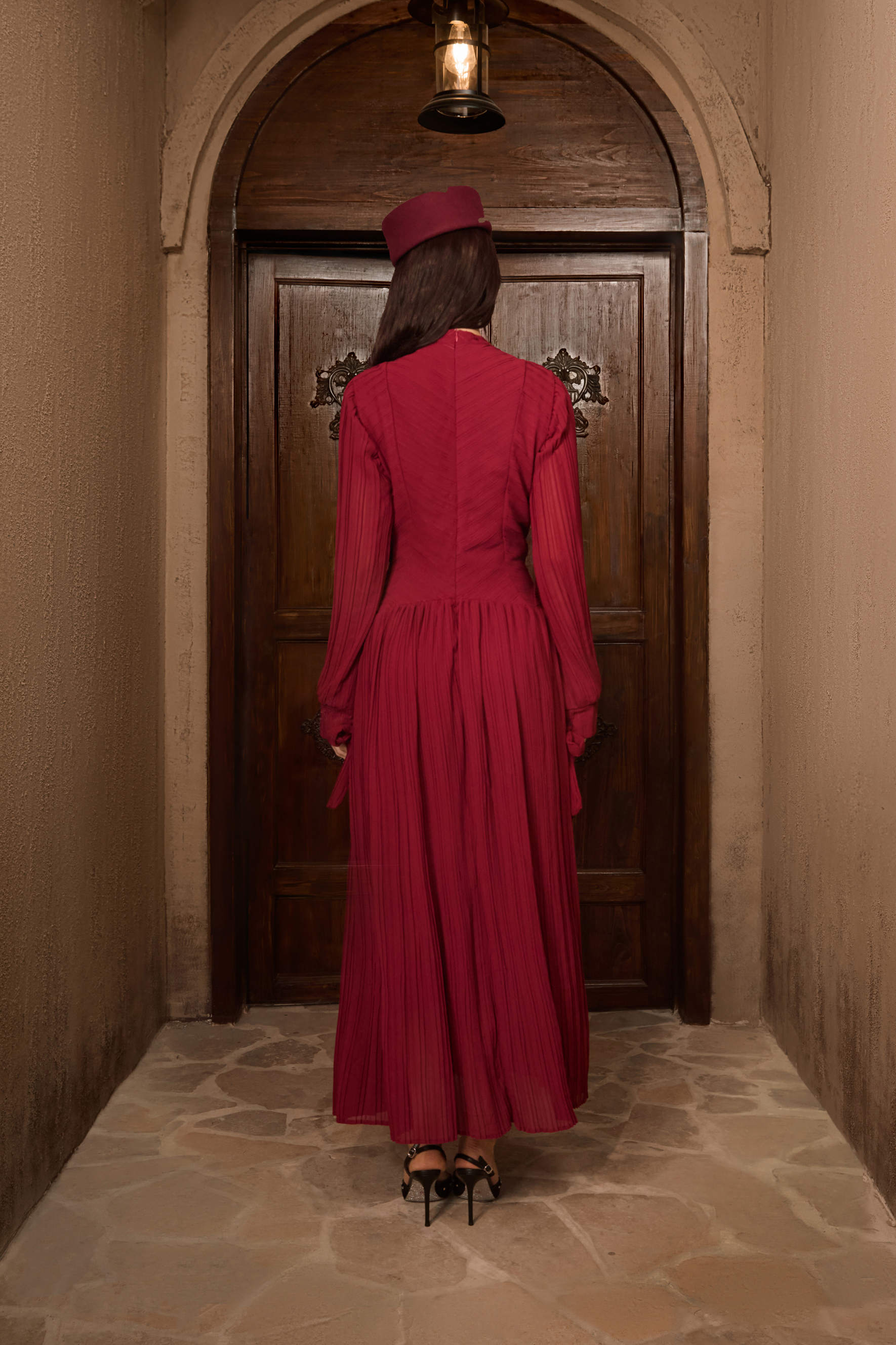 Nightfall Chic Burgundy Beaded Chevron Pleated Maxi Dress