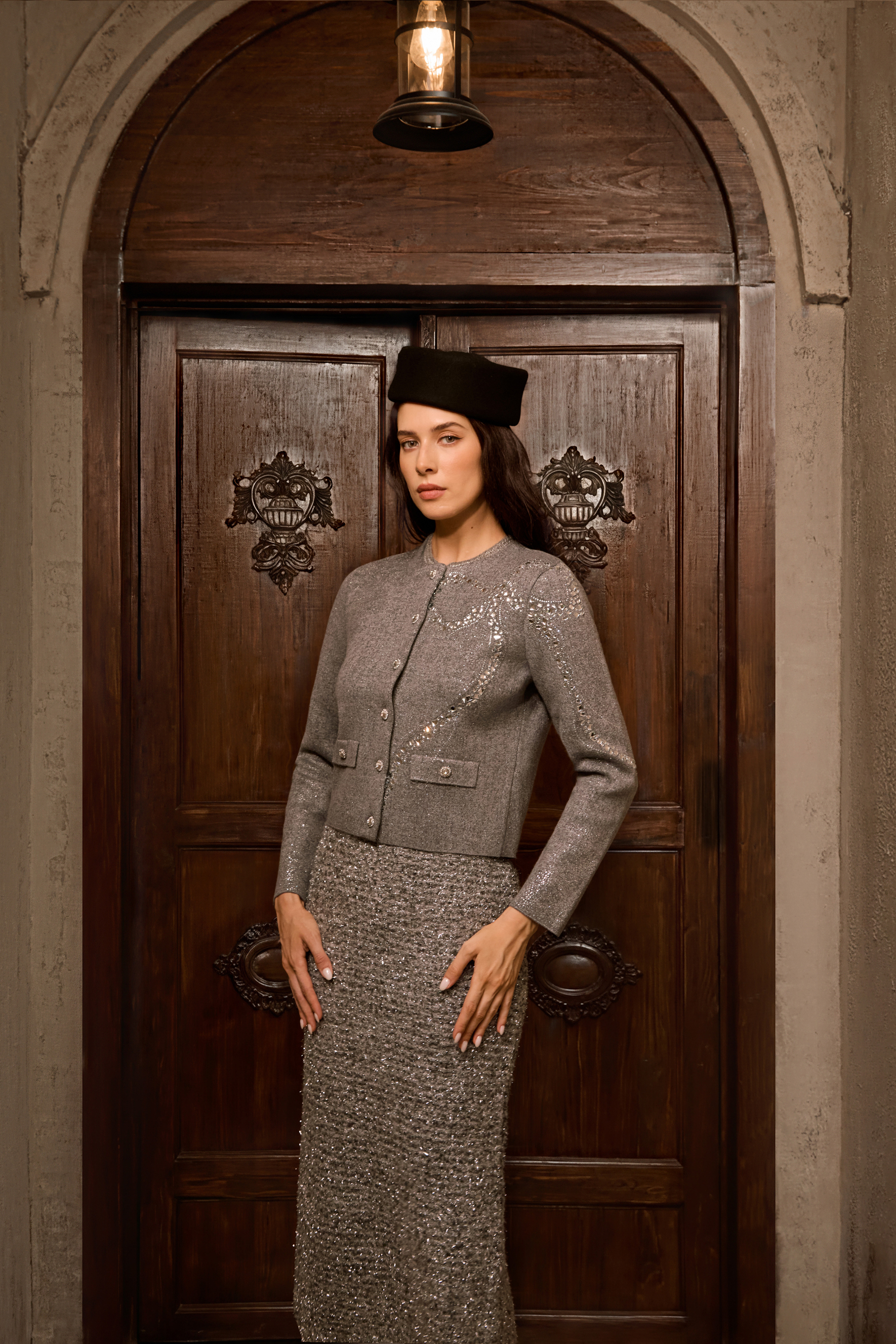 Comfort Style Grey Crystal Embellished Knit Jacket