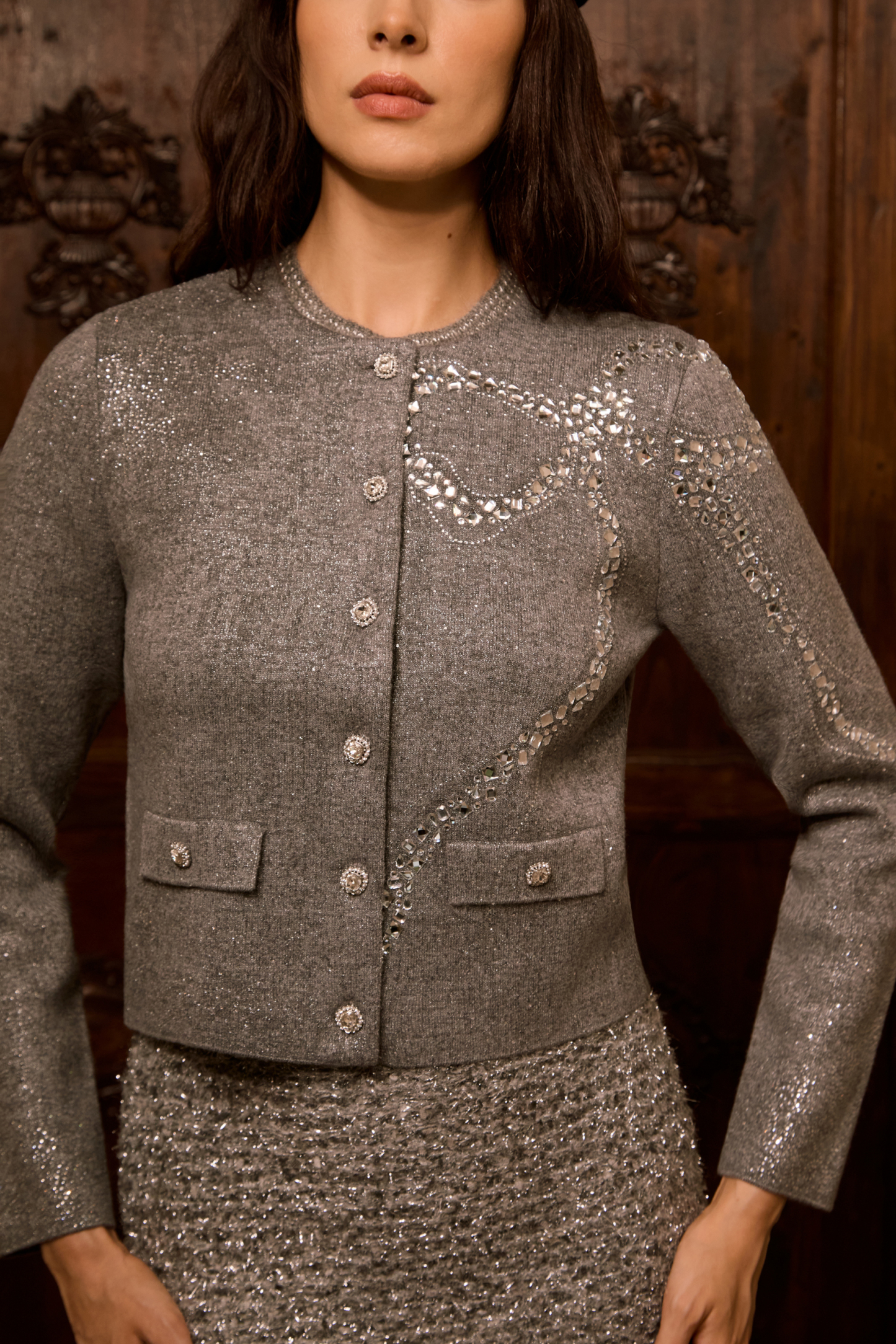 Comfort Style Grey Crystal Embellished Knit Jacket