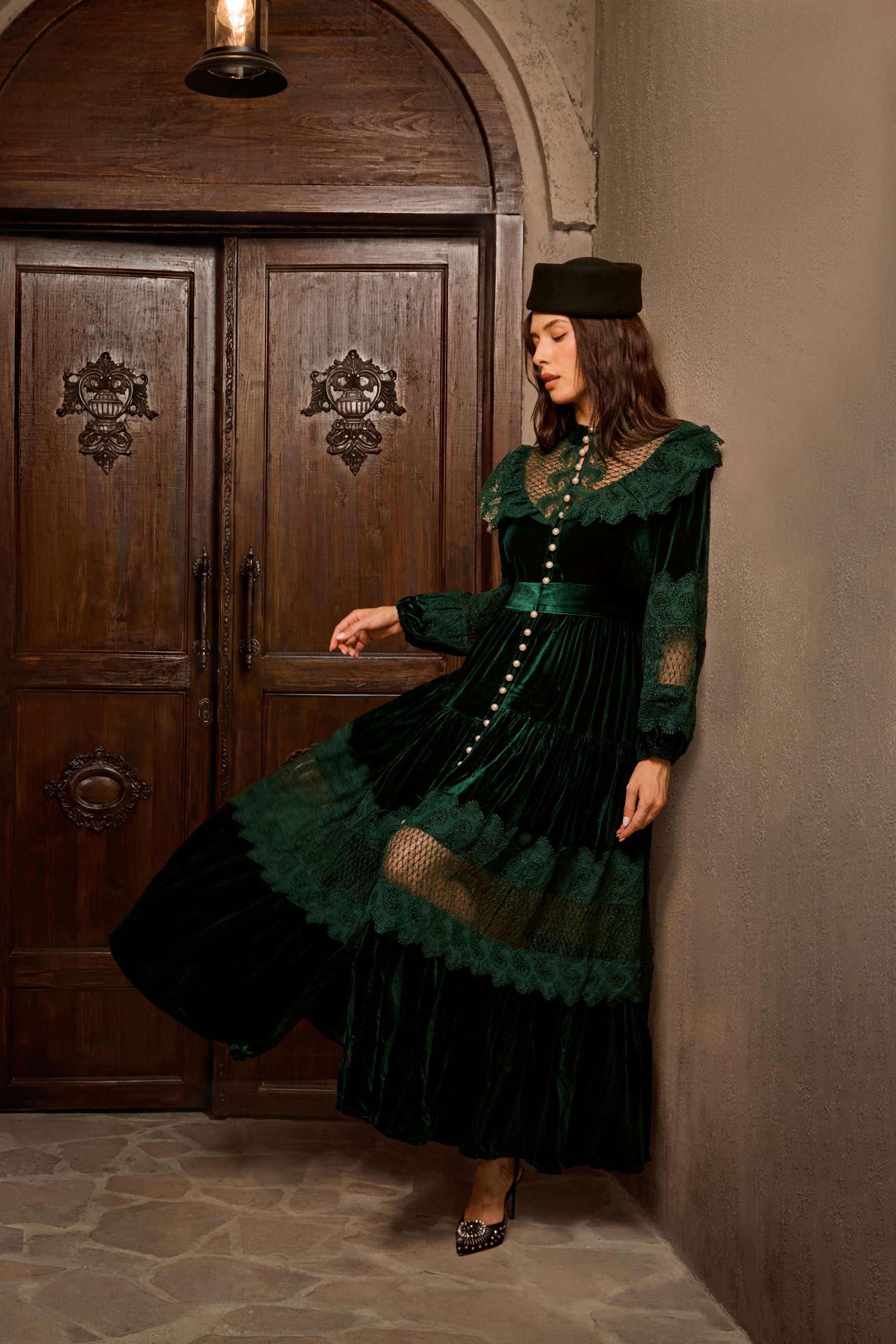 Precious Impression Dark Green Velvet Lace Panel Maxi Dress