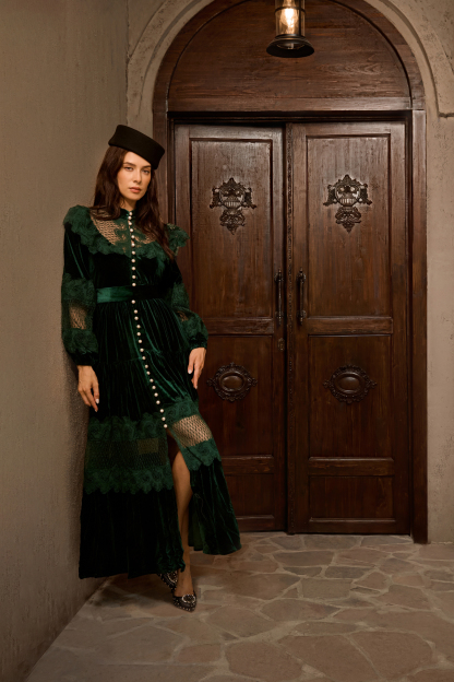 Precious Impression Dark Green Velvet Lace Panel Maxi Dress