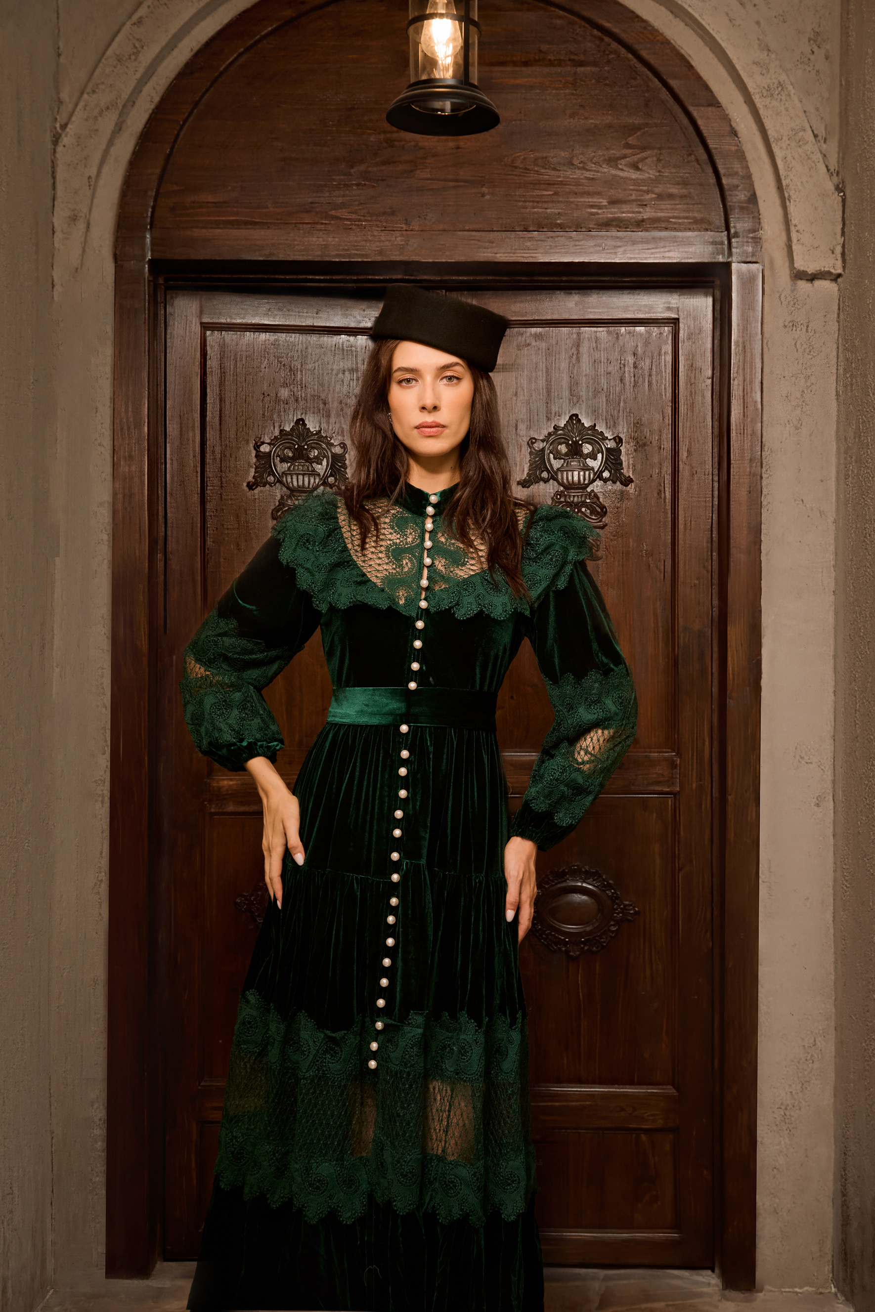 Precious Impression Dark Green Velvet Lace Panel Maxi Dress