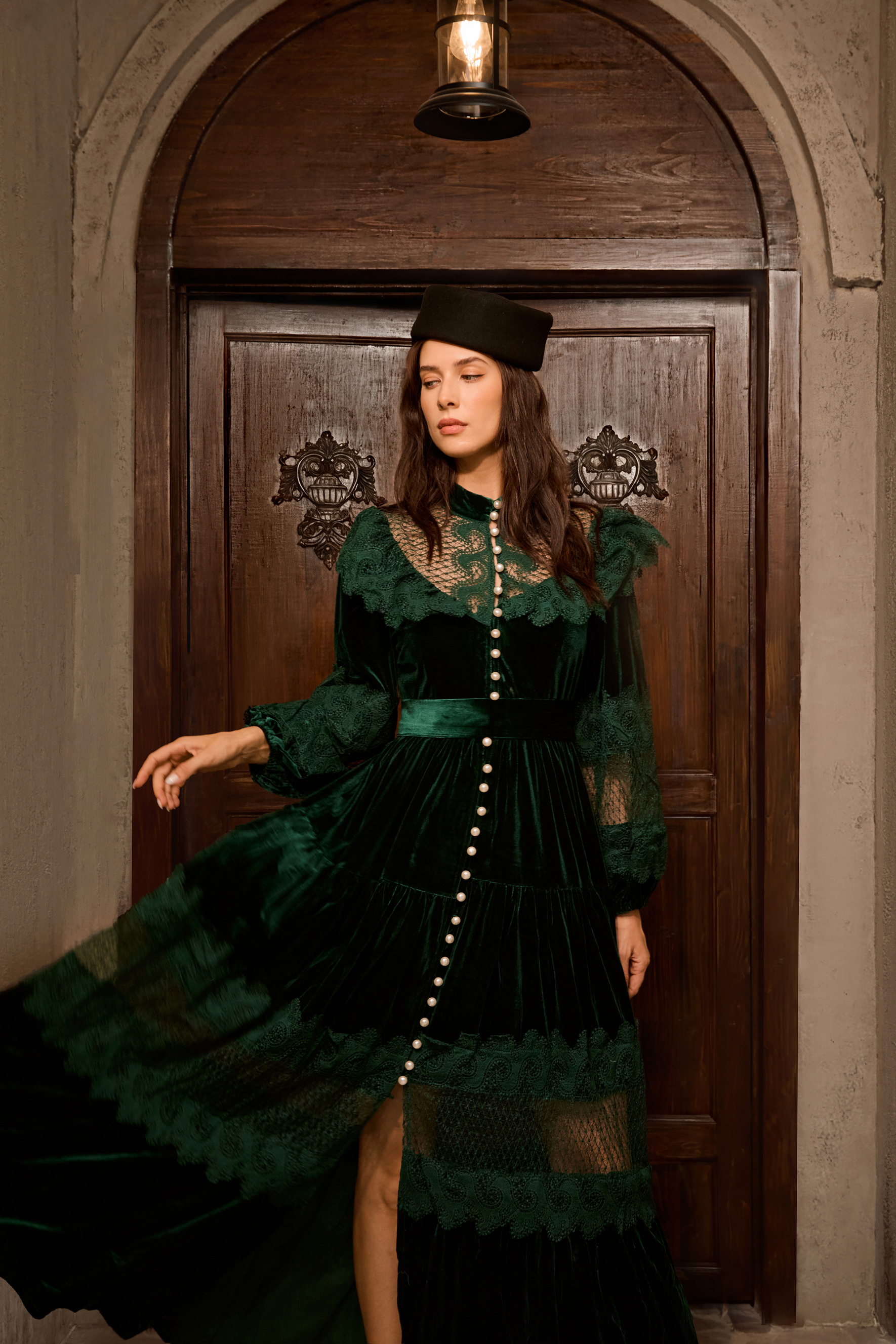 Precious Impression Dark Green Velvet Lace Panel Maxi Dress