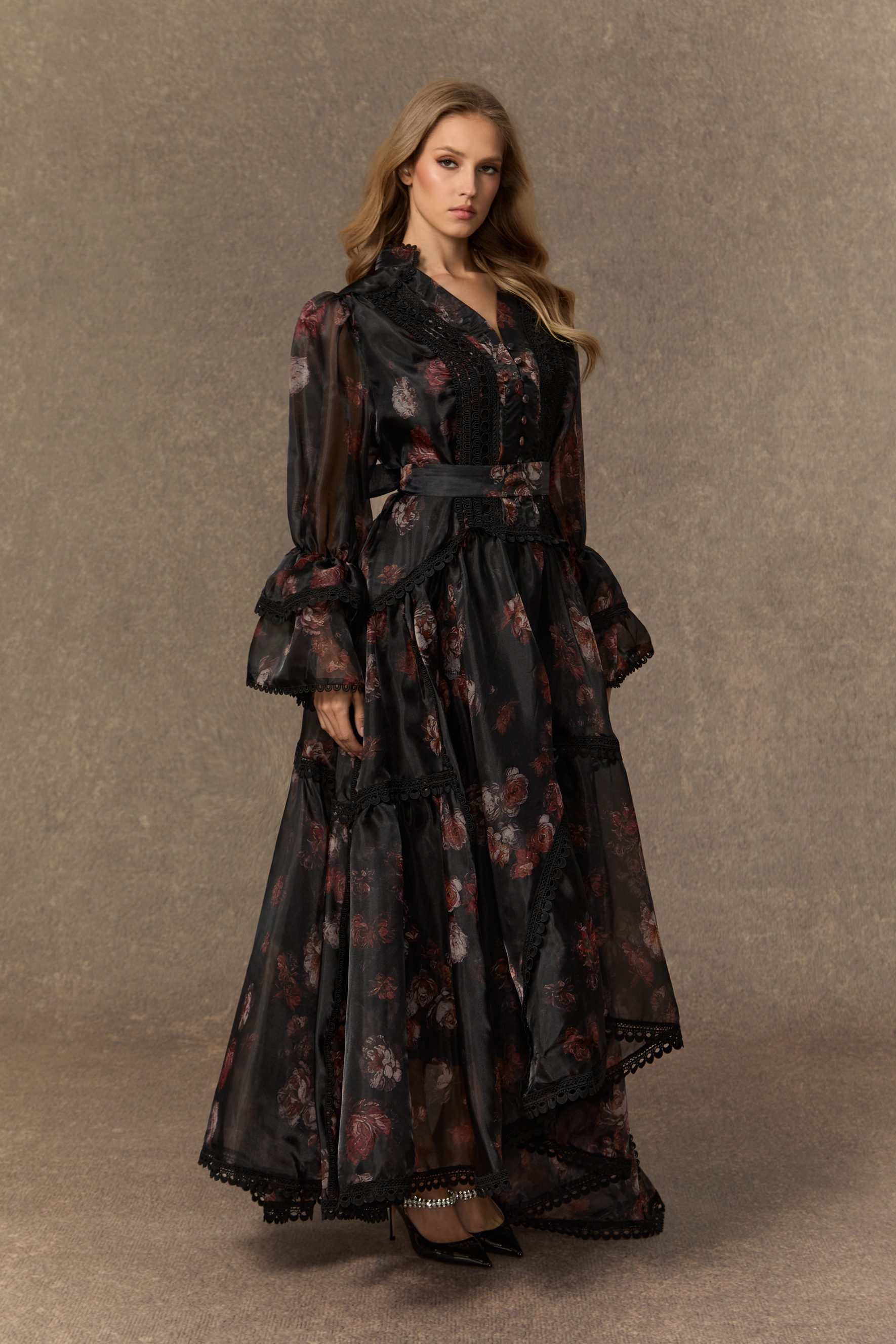 Comfort Zone Black Floral Lace Trimmed Maxi Dress
