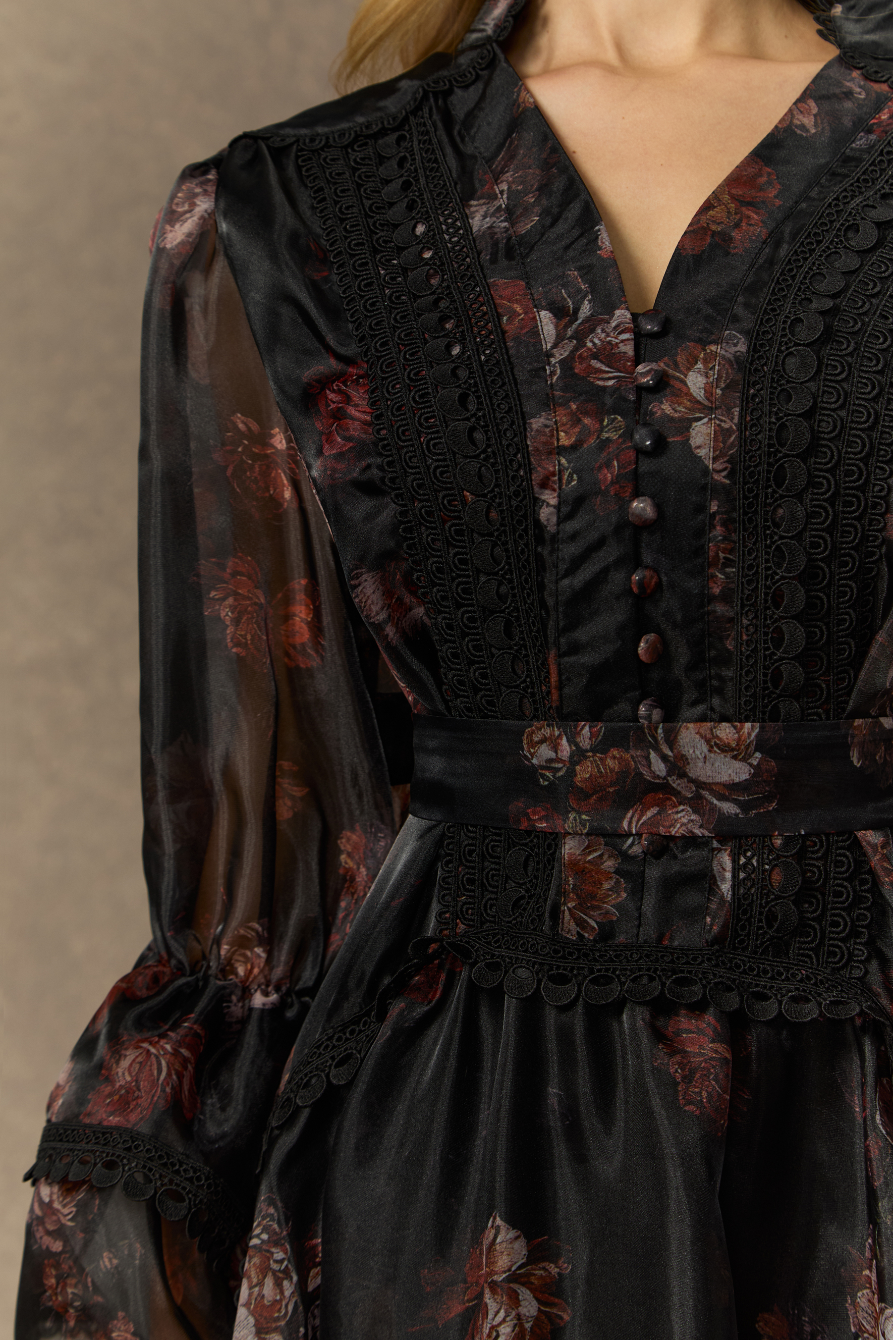 Comfort Zone Black Floral Lace Trimmed Maxi Dress