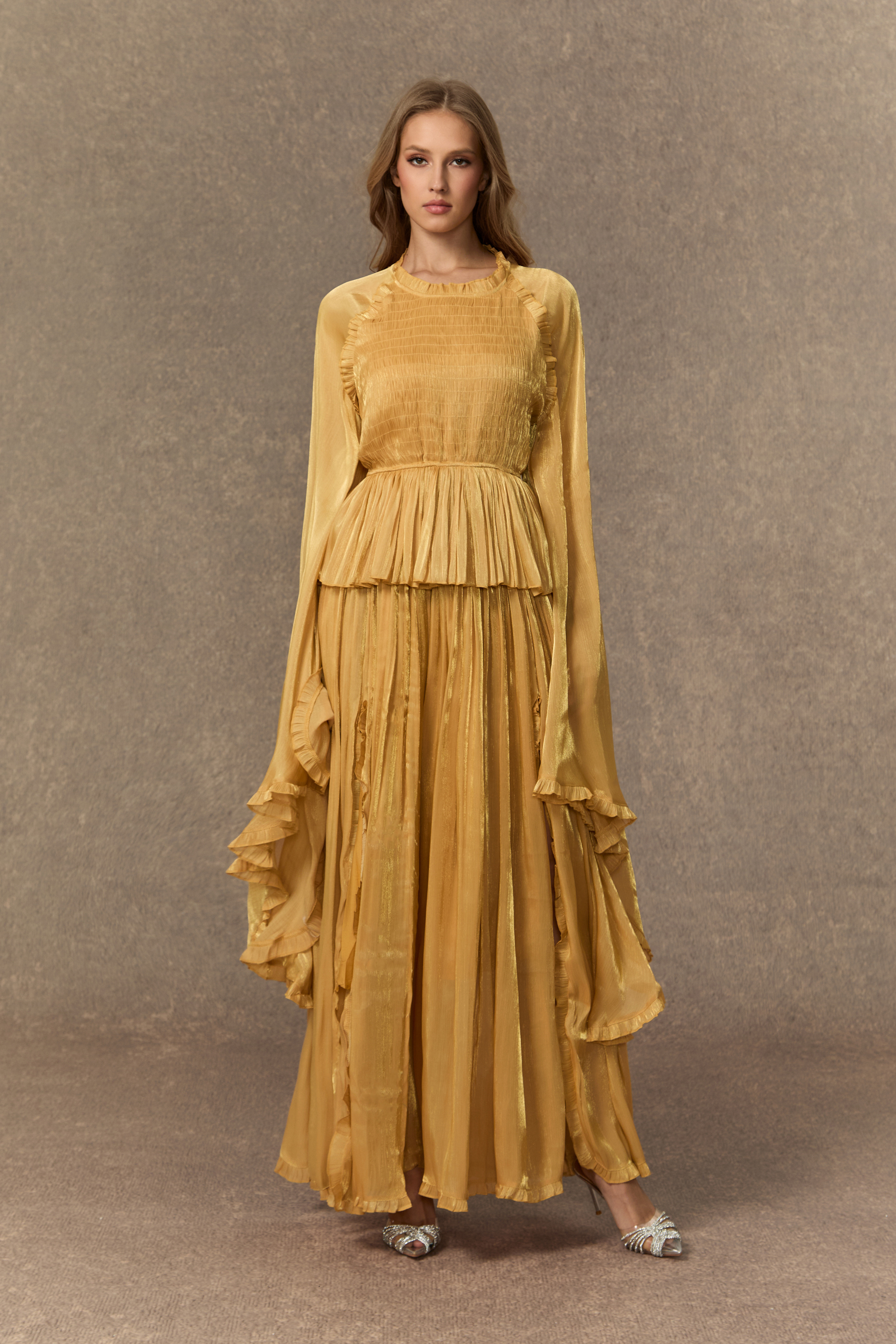 All Eyes On Me Khaki Ruffle Trim Long Sleeve Maxi Dress