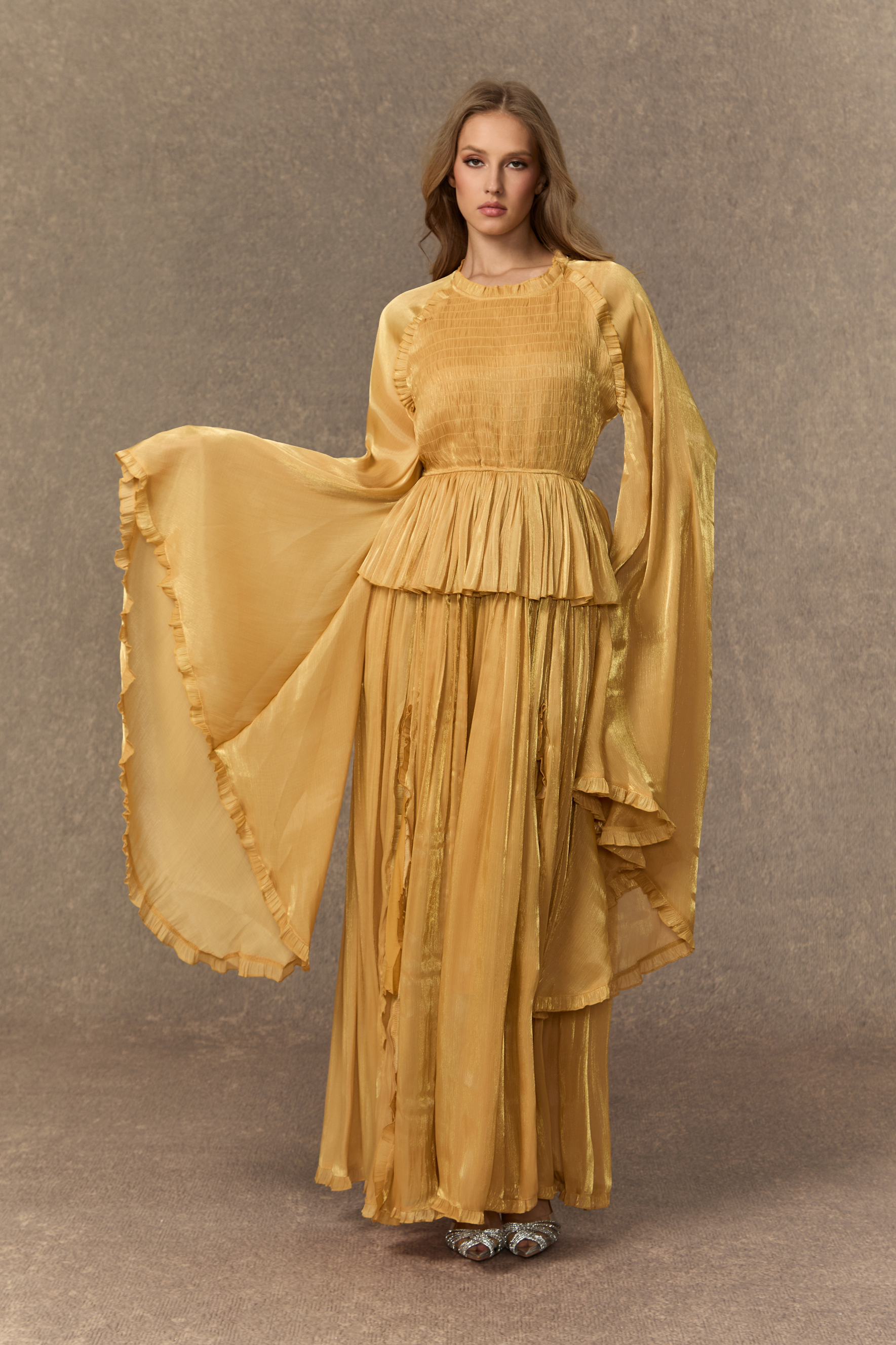 All Eyes On Me Khaki Ruffle Trim Long Sleeve Maxi Dress