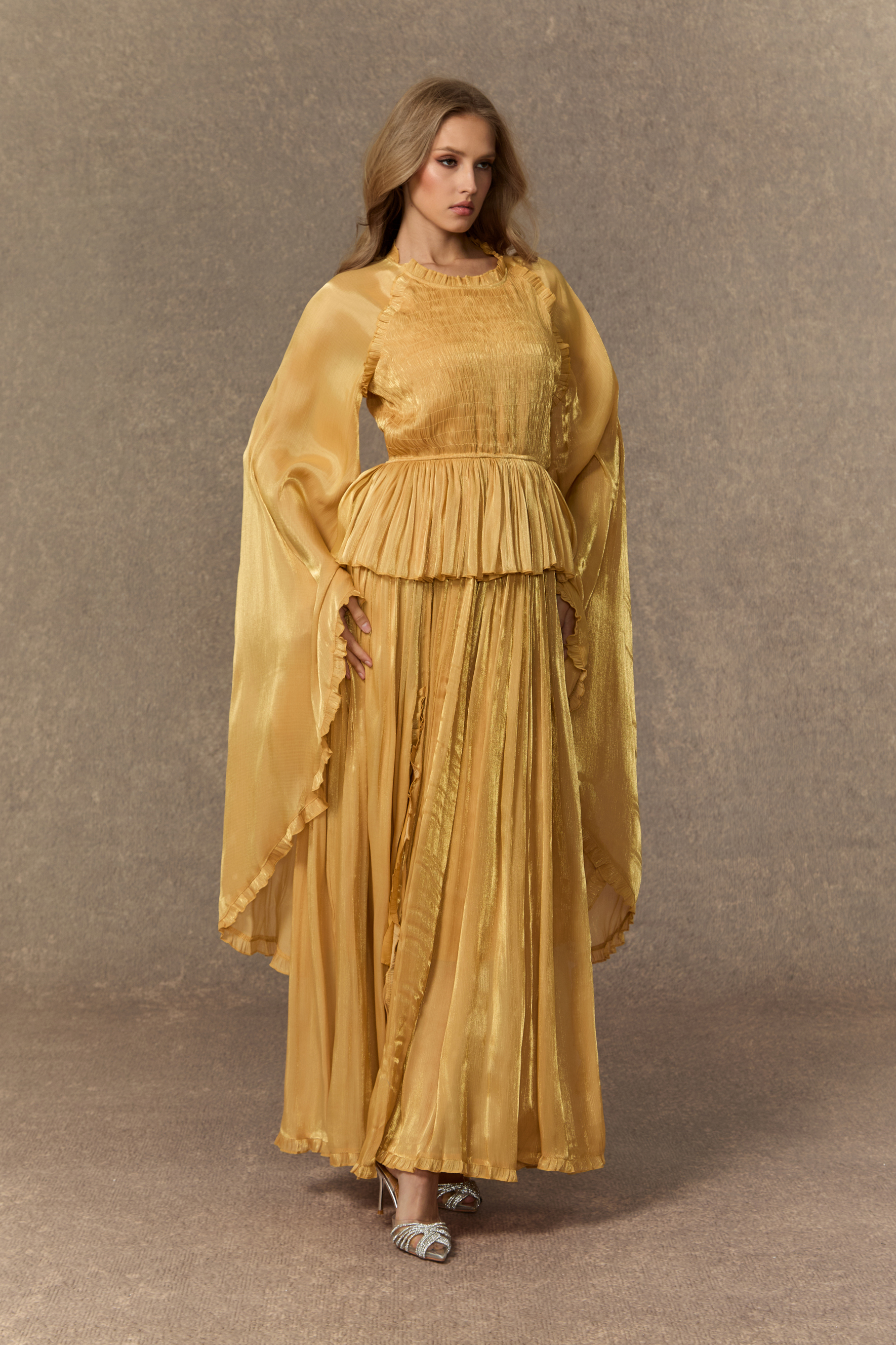 All Eyes On Me Khaki Ruffle Trim Long Sleeve Maxi Dress