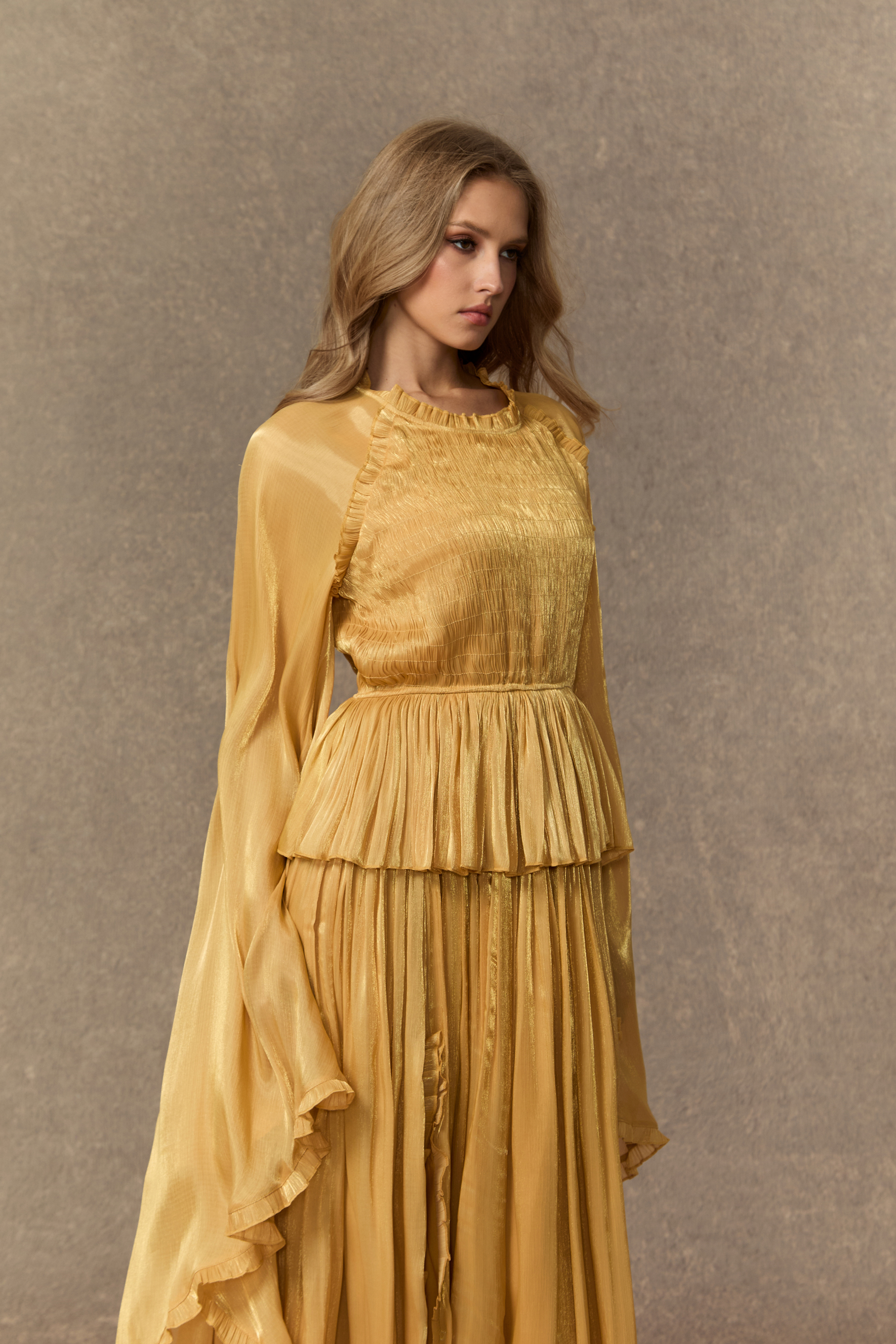 All Eyes On Me Khaki Ruffle Trim Long Sleeve Maxi Dress