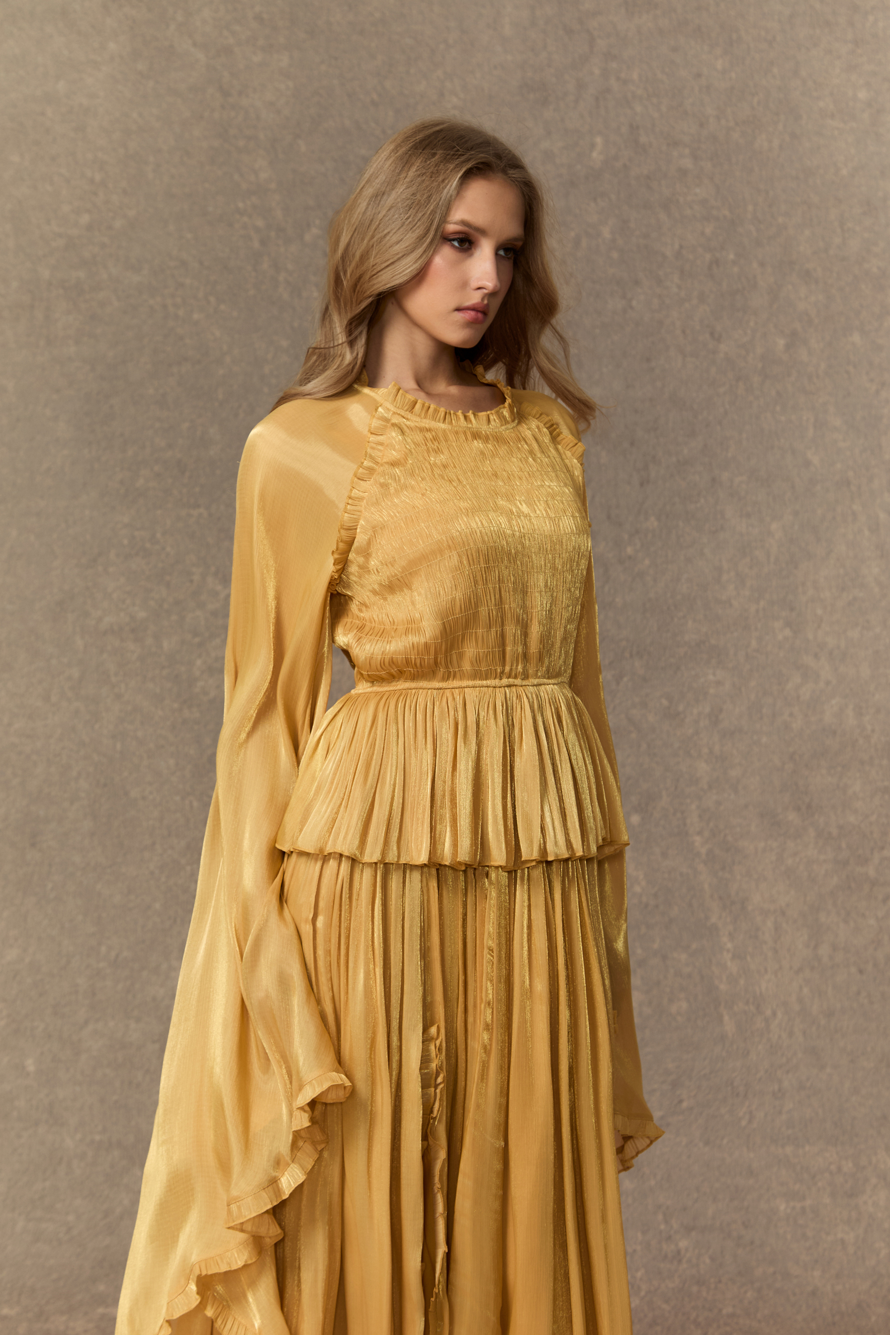 All Eyes On Me Khaki Ruffle Trim Long Sleeve Maxi Dress