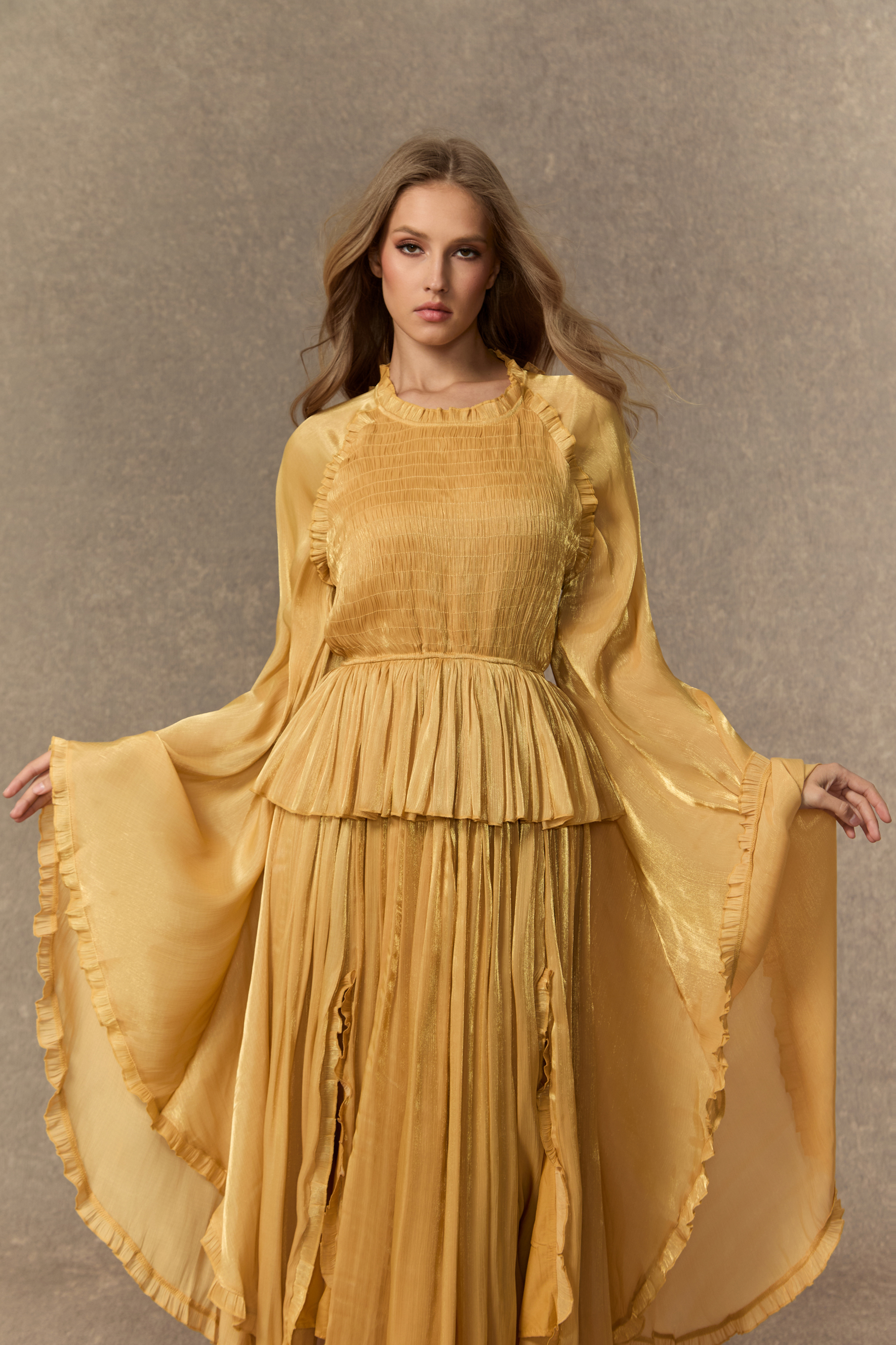 All Eyes On Me Khaki Ruffle Trim Long Sleeve Maxi Dress