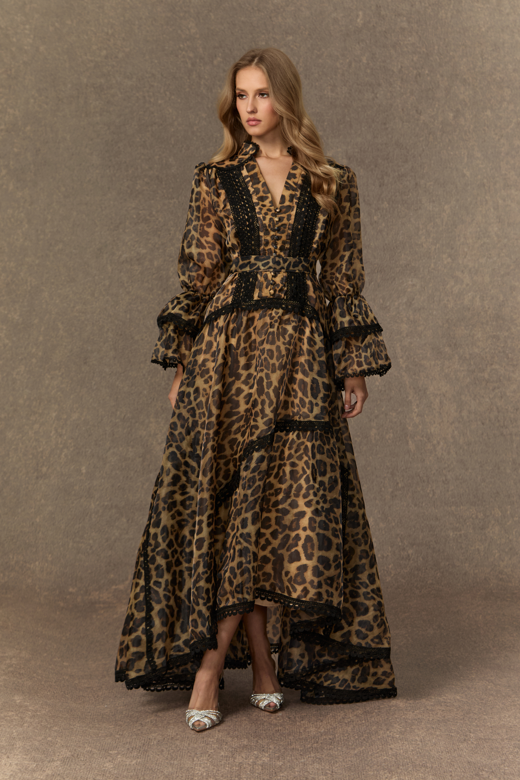 Exotic Appeal Brown Leopard Print Lace Trim Maxi Dress