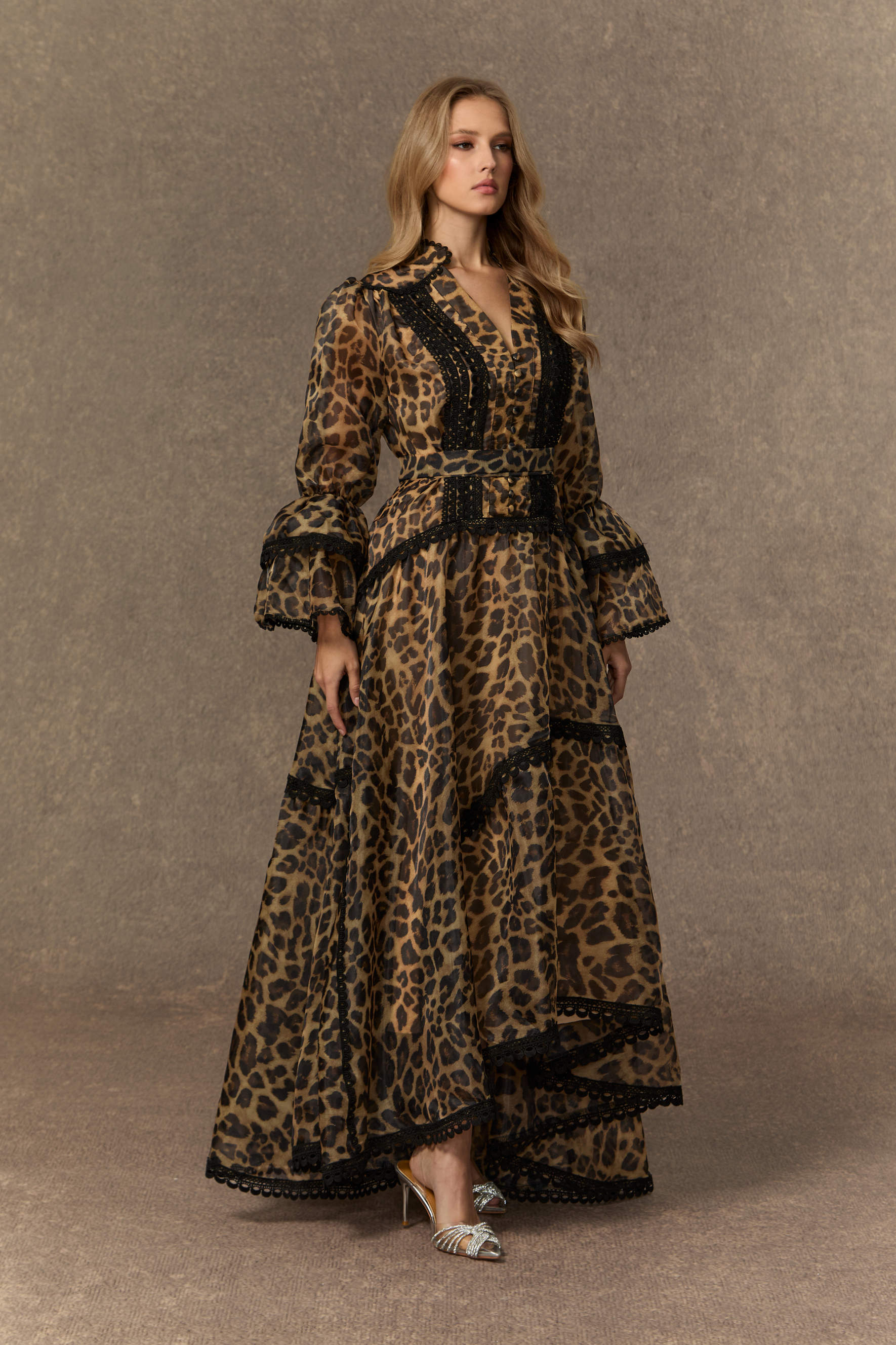 Exotic Appeal Brown Leopard Print Lace Trim Maxi Dress