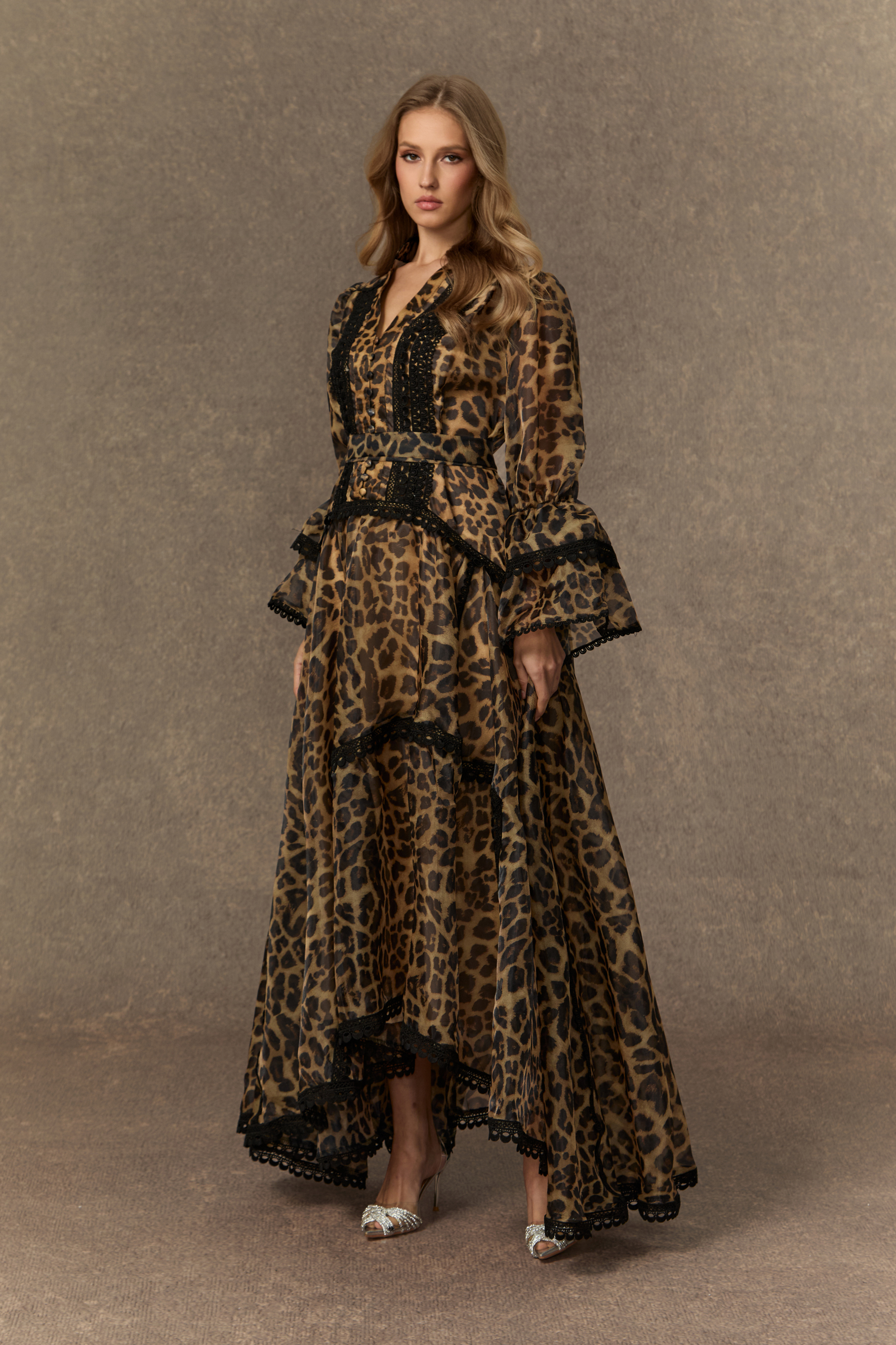 Exotic Appeal Brown Leopard Print Lace Trim Maxi Dress