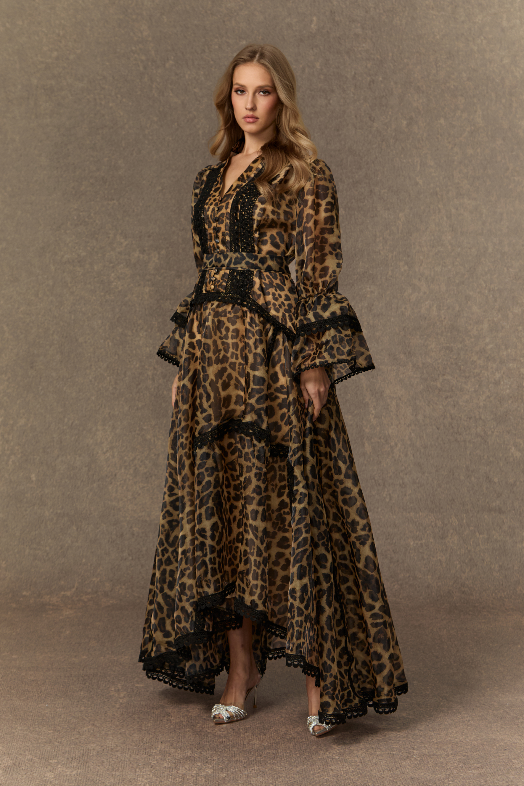 Exotic Appeal Brown Leopard Print Lace Trim Maxi Dress
