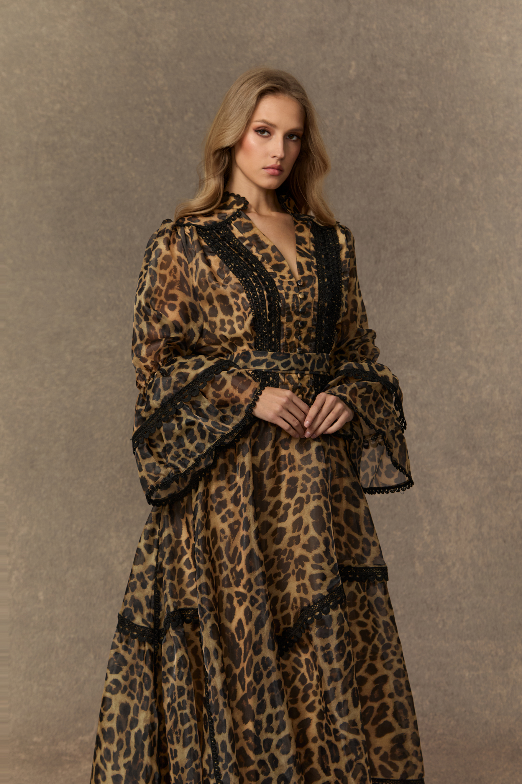 Exotic Appeal Brown Leopard Print Lace Trim Maxi Dress