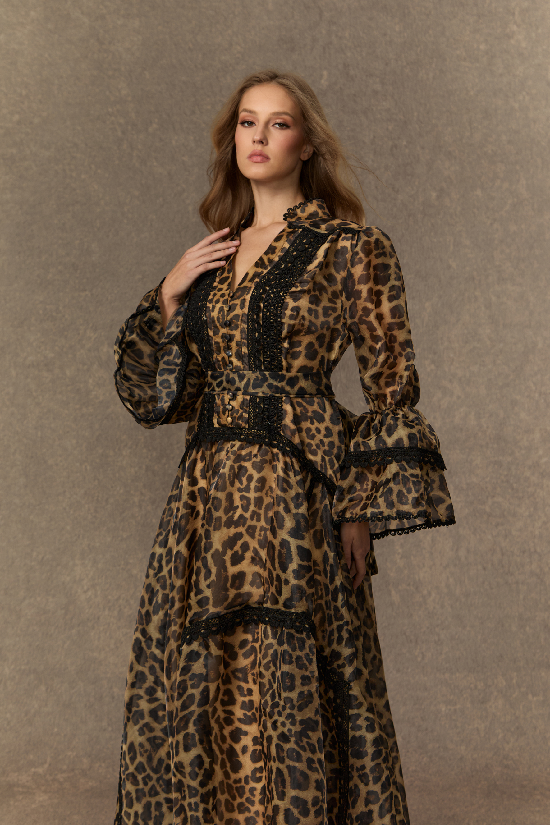 Exotic Appeal Brown Leopard Print Lace Trim Maxi Dress