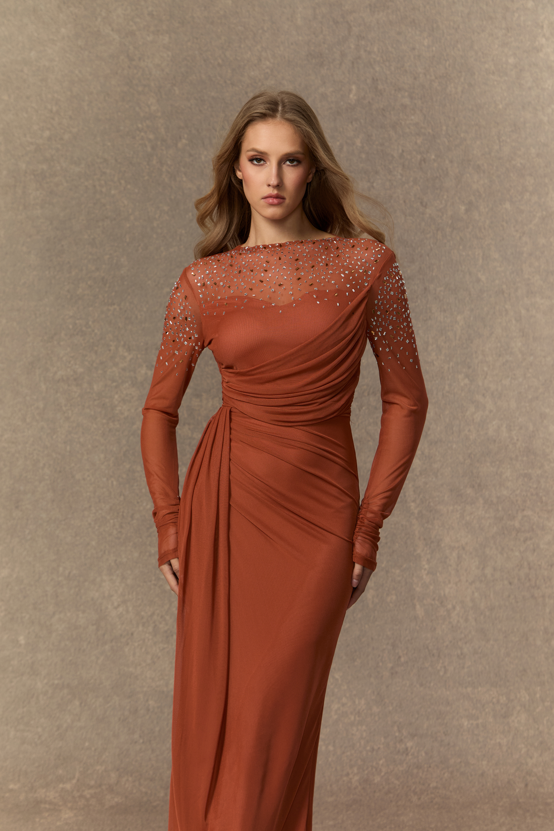 Alluring Silhouette Orange Crystal Embellished Ruched Maxi Dress