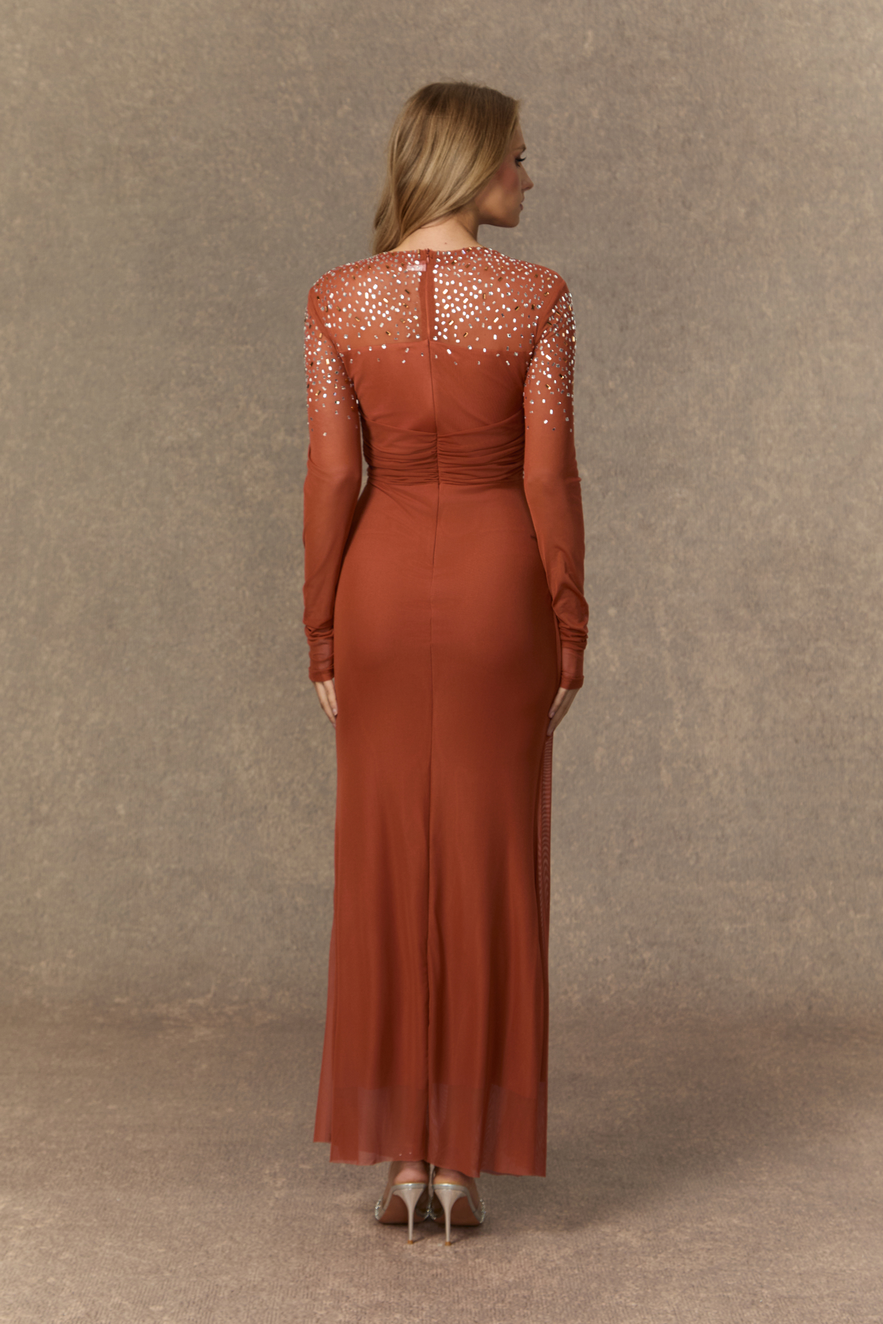 Alluring Silhouette Orange Crystal Embellished Ruched Maxi Dress