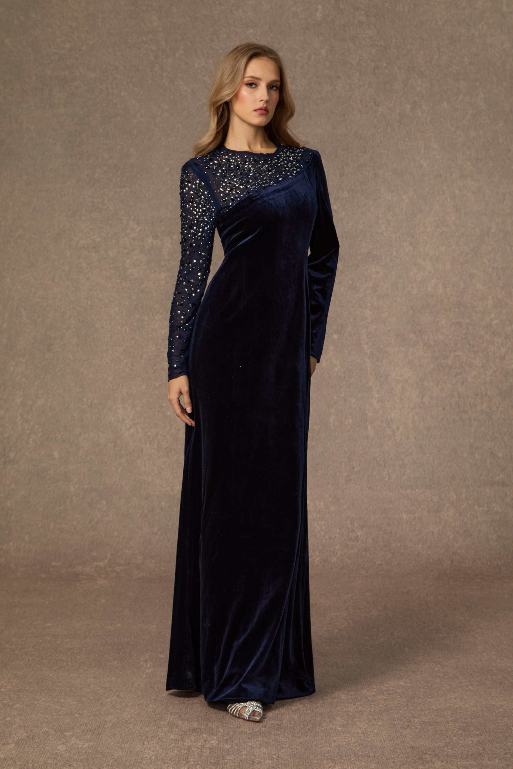 Coveted Confidence Dark Blue Crystal Embellished Velvet Maxi Dress