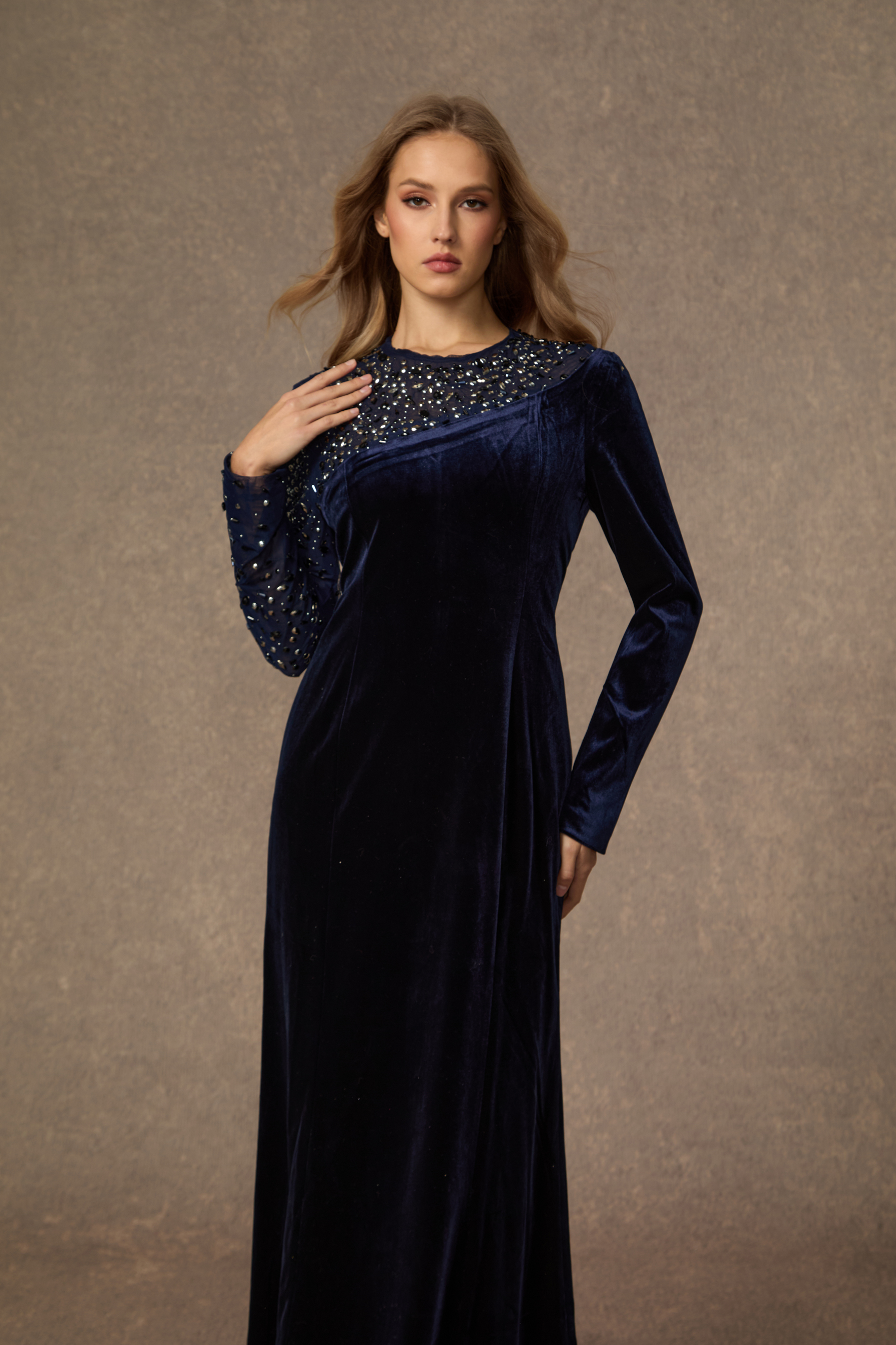 Coveted Confidence Dark Blue Crystal Embellished Velvet Maxi Dress