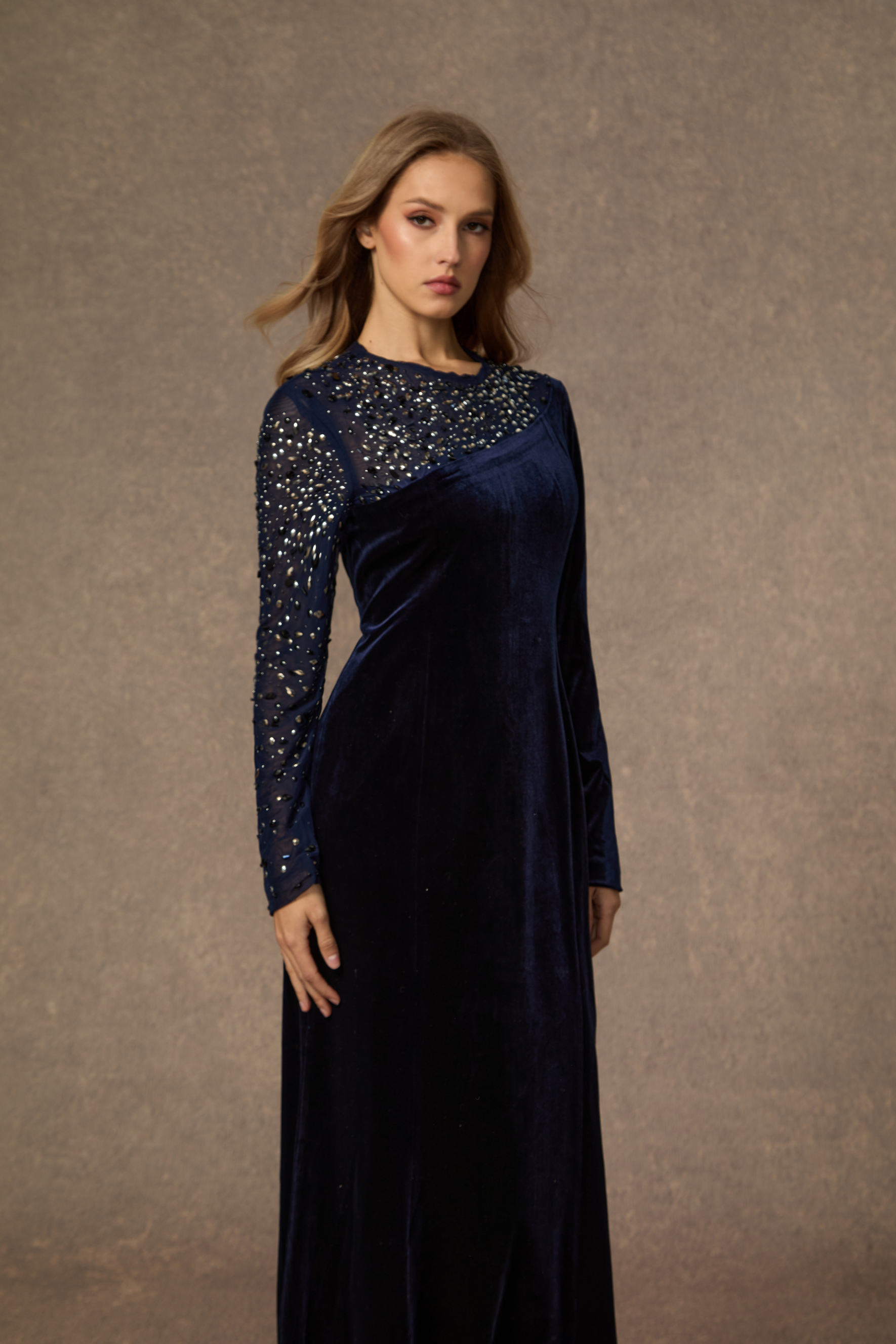 Coveted Confidence Dark Blue Crystal Embellished Velvet Maxi Dress