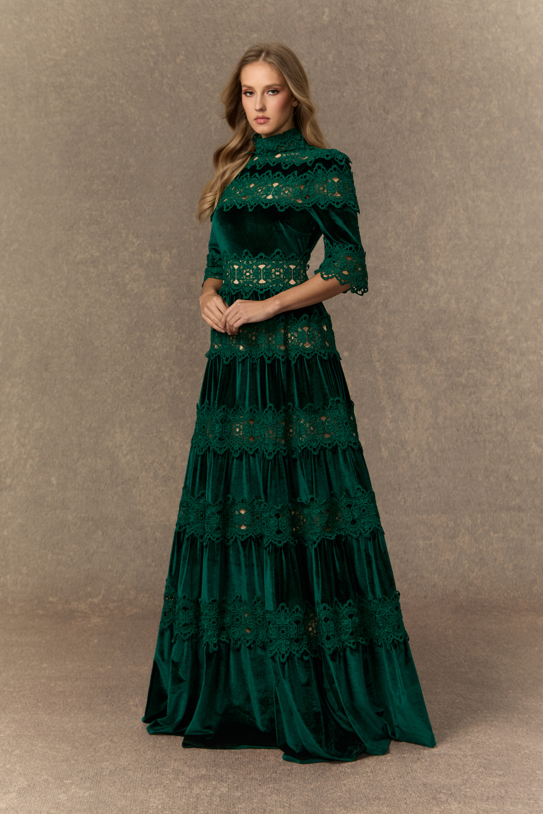 Romance That Wows Green Velvet Lace Tiered Maxi Dress